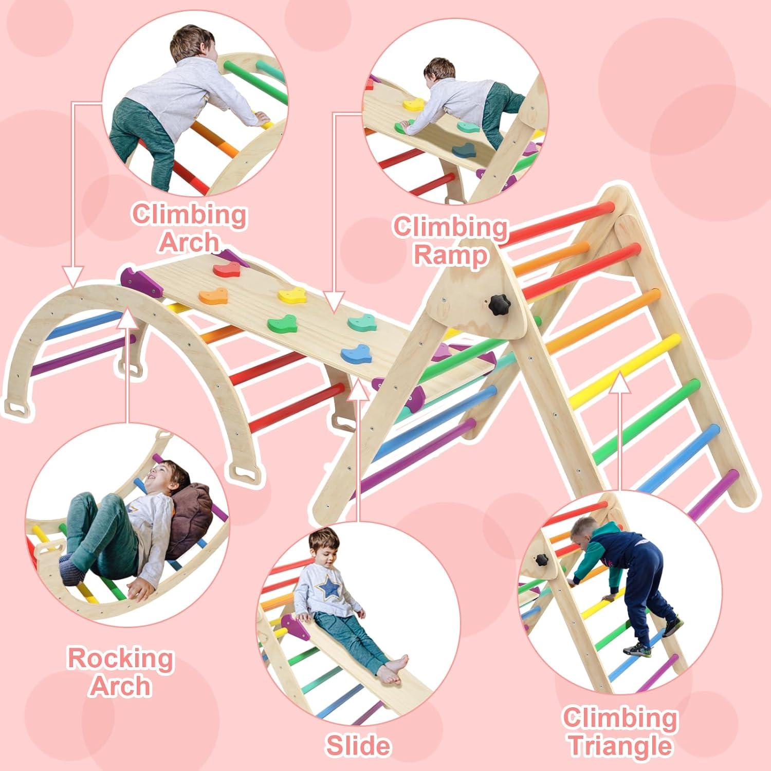 Pikler Triangle Set, 5 in 1 Toddler Climbing Toys Indoor Playground, Ramp, and Arch, Montessori Climbing Set with Triangle, Medium Size Wooden Climbing Gym for Toddlers 1-3 Years, Colorful