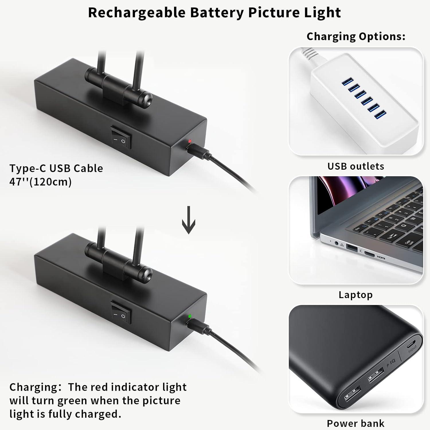 JUSHENG Dimmable Black Picture Light Battery Operated 16'' Inch, Rechargeable Gallery Light with Swing Arm and Timer Function, Full Metal Wireless Painting Lights for Display, Artwork, Canvas