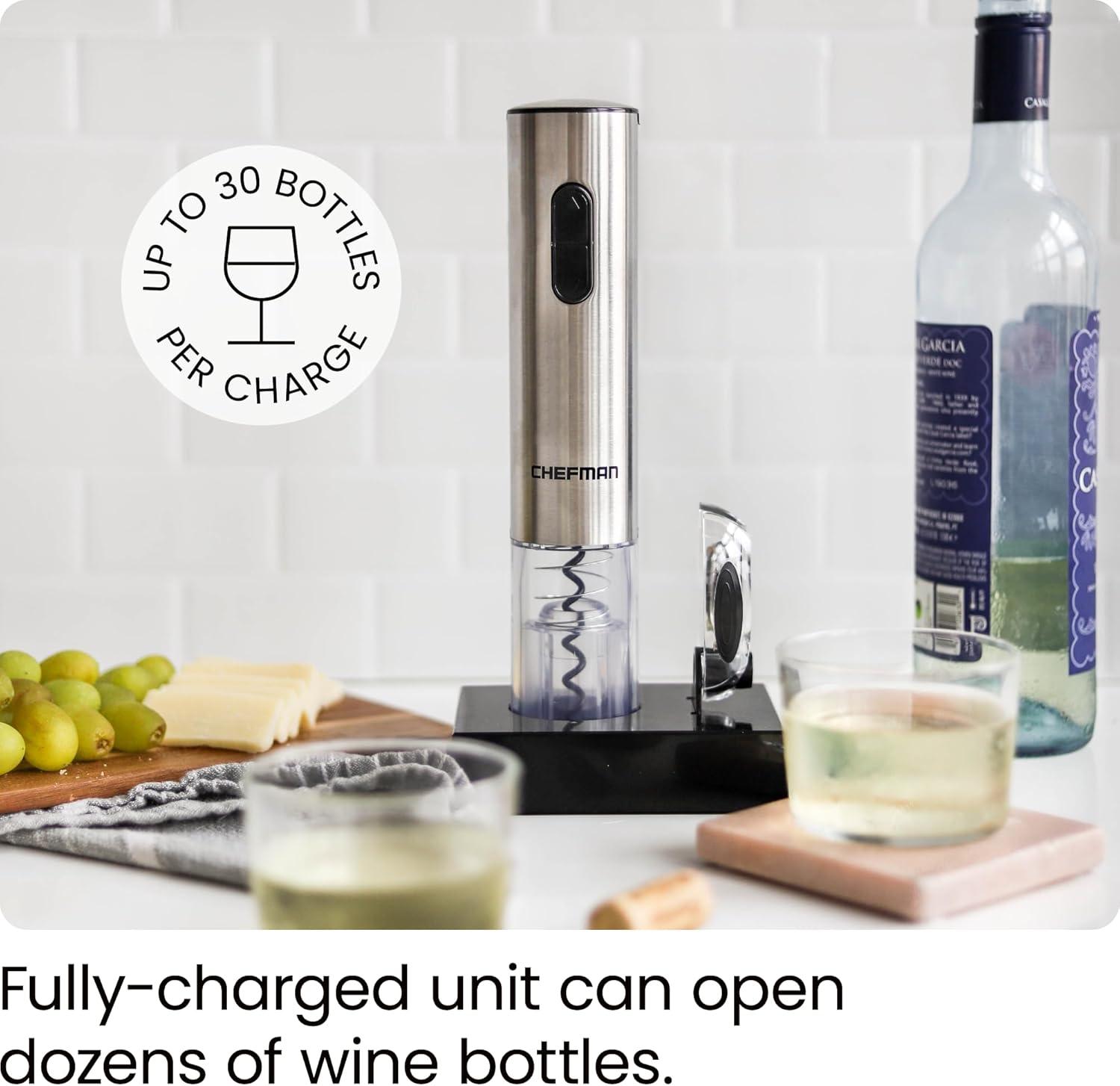 Chefman Electric Wine Opener w/ Foil Cutter, Rechargeable Battery - Stainless Steel, New