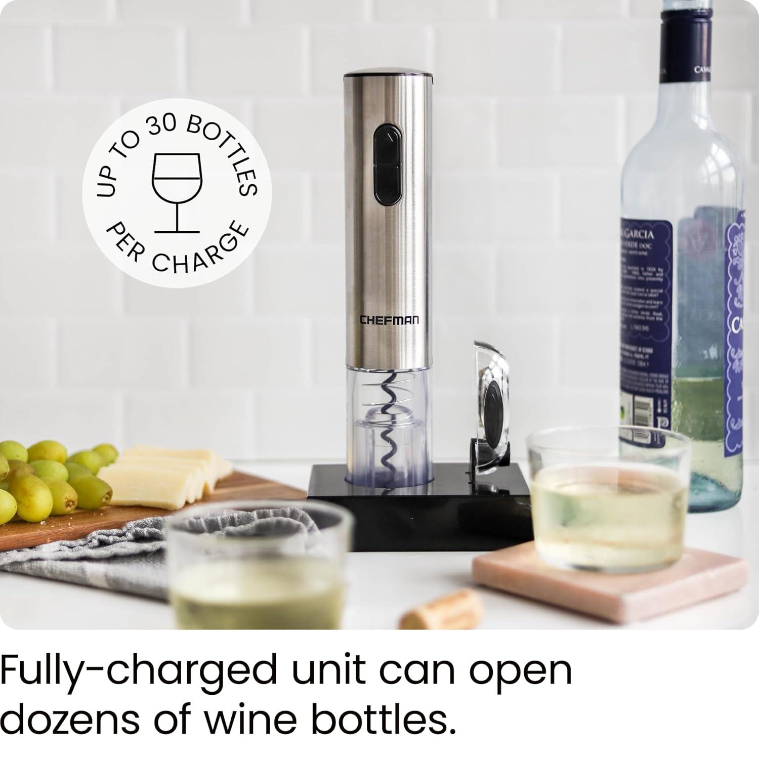 Chefman Electric Wine Opener w/ Foil Cutter, Rechargeable Battery - Stainless Steel, New