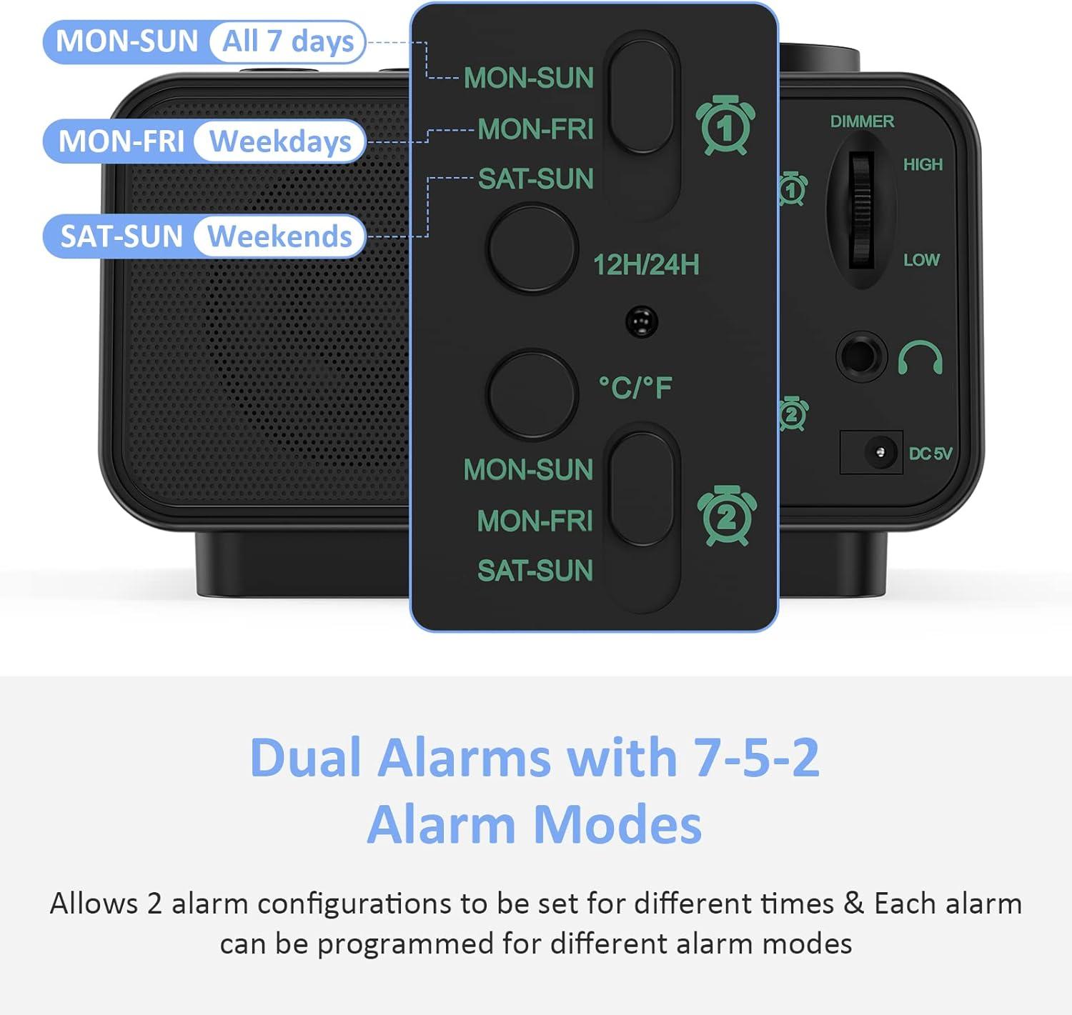 Black Digital Alarm Clock with USB Ports and FM Radio