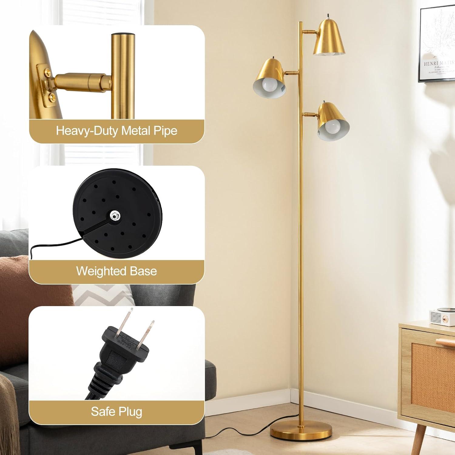 Tangkula 64" Mid Century Modern Floor Lamp 3 Light Tree, Standing Tall Pole Lamp w/ 3 LED Bulbs & Adjustable Heads (Antique Brass)