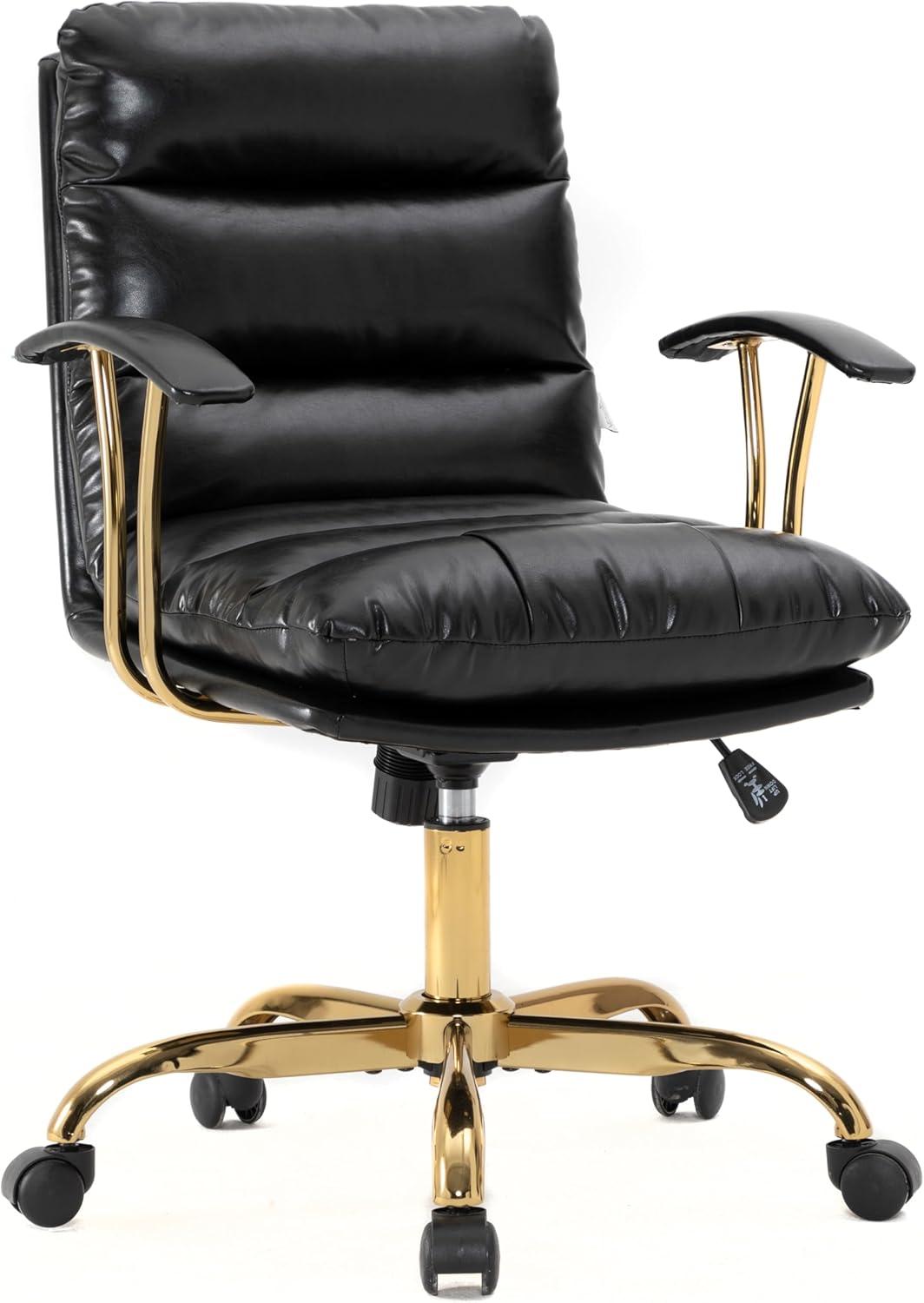 LeisureMod Regina Single Ergonomic Padded Leather Lumbar Support Adjustable Height Swivel Executive Office Chair with Gold Steel Frame