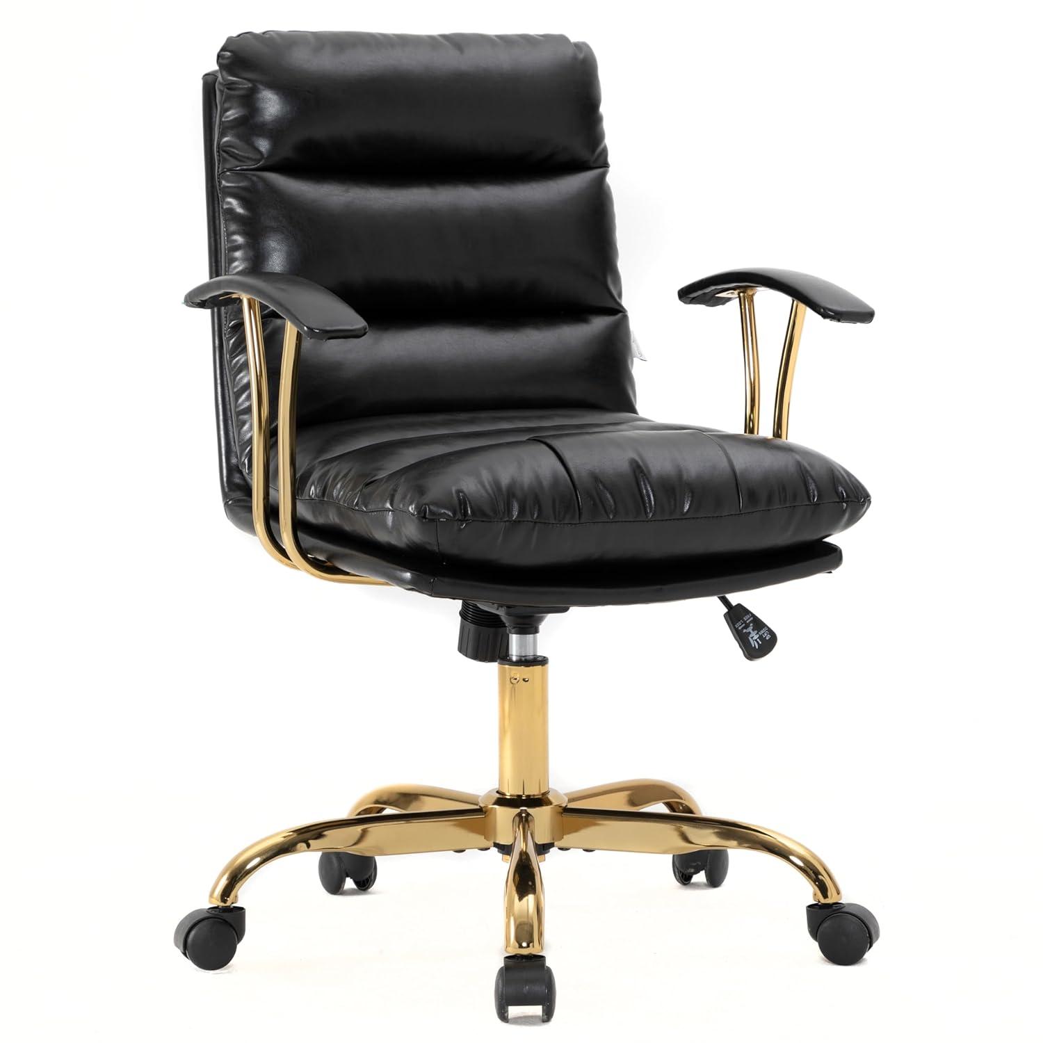 LeisureMod Regina Single Ergonomic Padded Leather Lumbar Support Adjustable Height Swivel Executive Office Chair with Gold Steel Frame