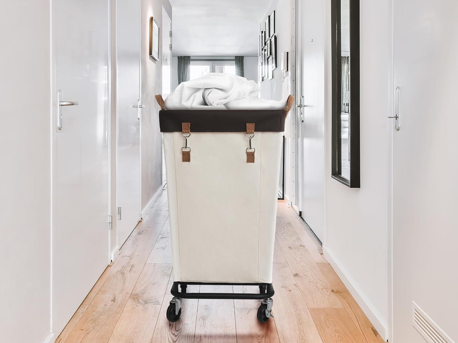 Beige and Brown 160L Canvas Laundry Hamper with Wheels