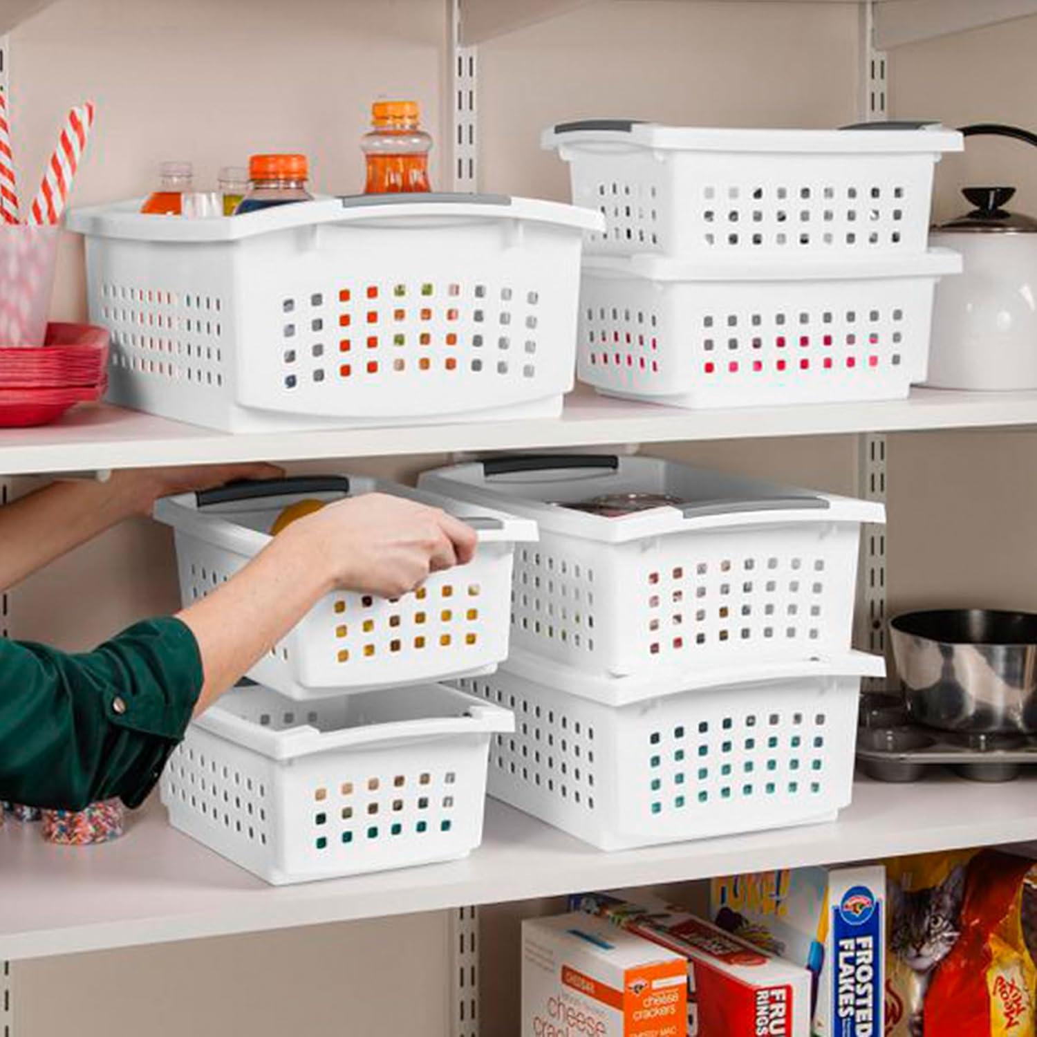 Sterilite Small Stacking Storage Basket with Comfort Grip Handles, White