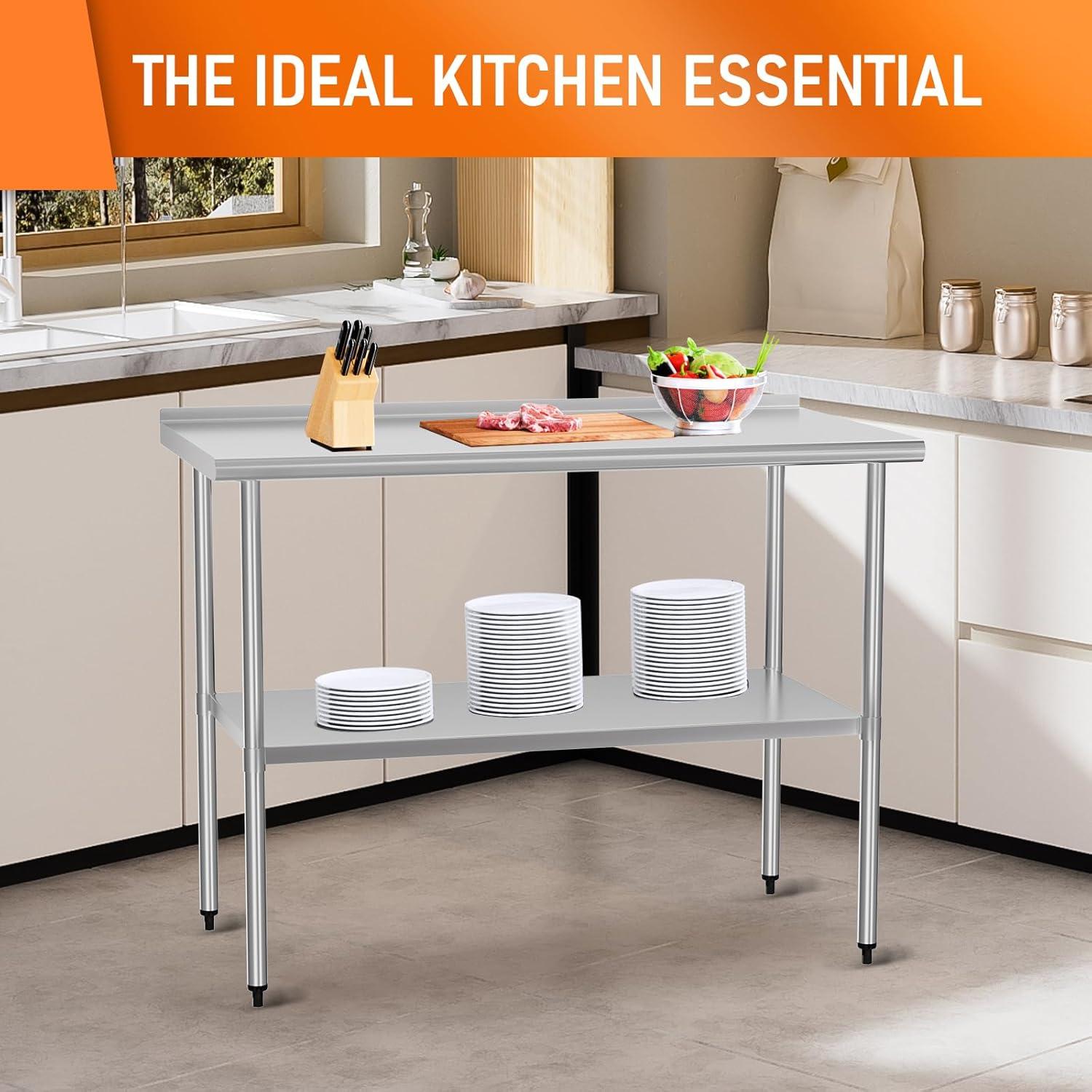 Stainless Steel Table 24 x 48 Inches Metal Prep Table with Backsplash & Adjustable Undershelf for Commercial Kitchen, Outdoor, Restaurant, Hotel & Garage