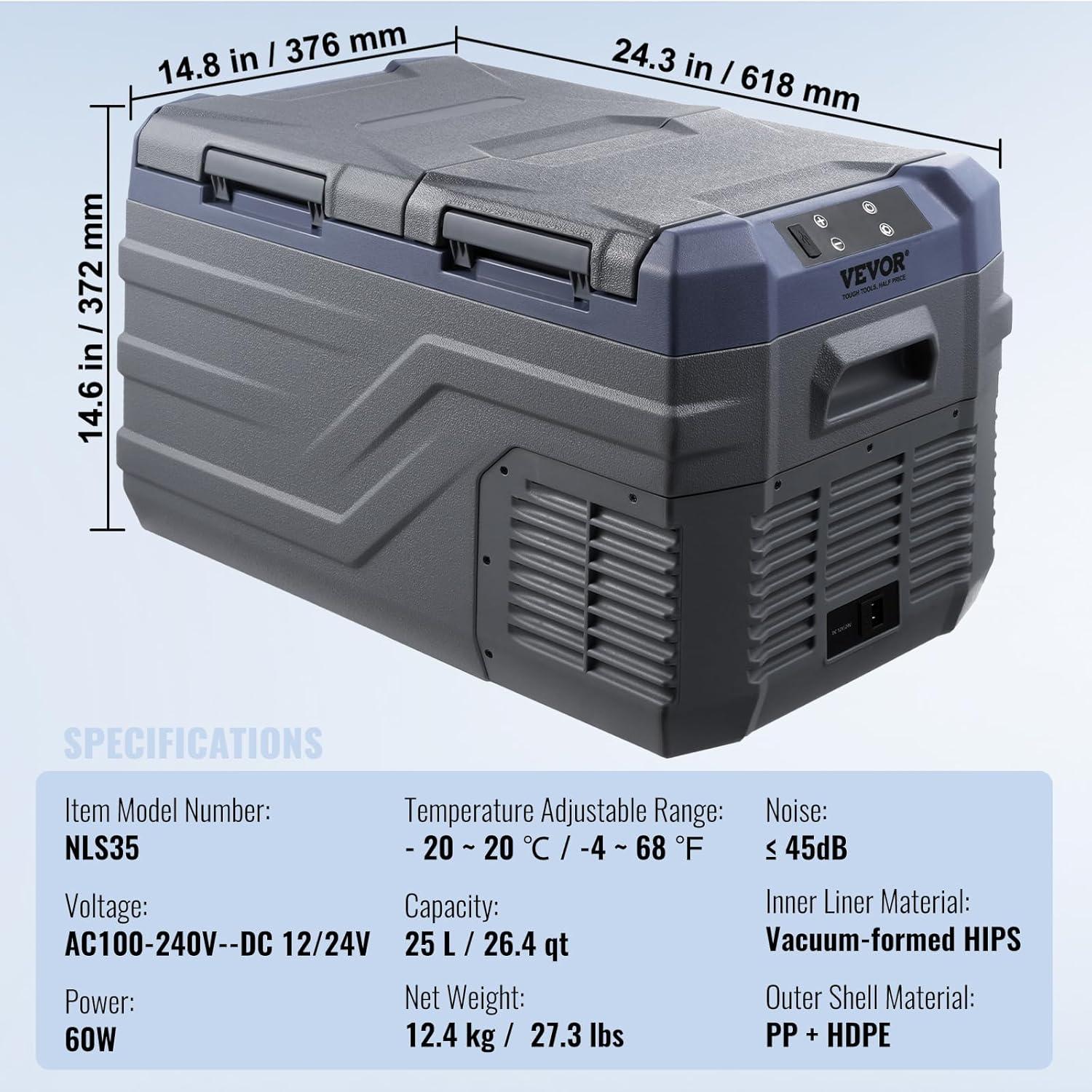 Vevor 25L Dual Zone Portable Car Refrigerator Freezer in Gray