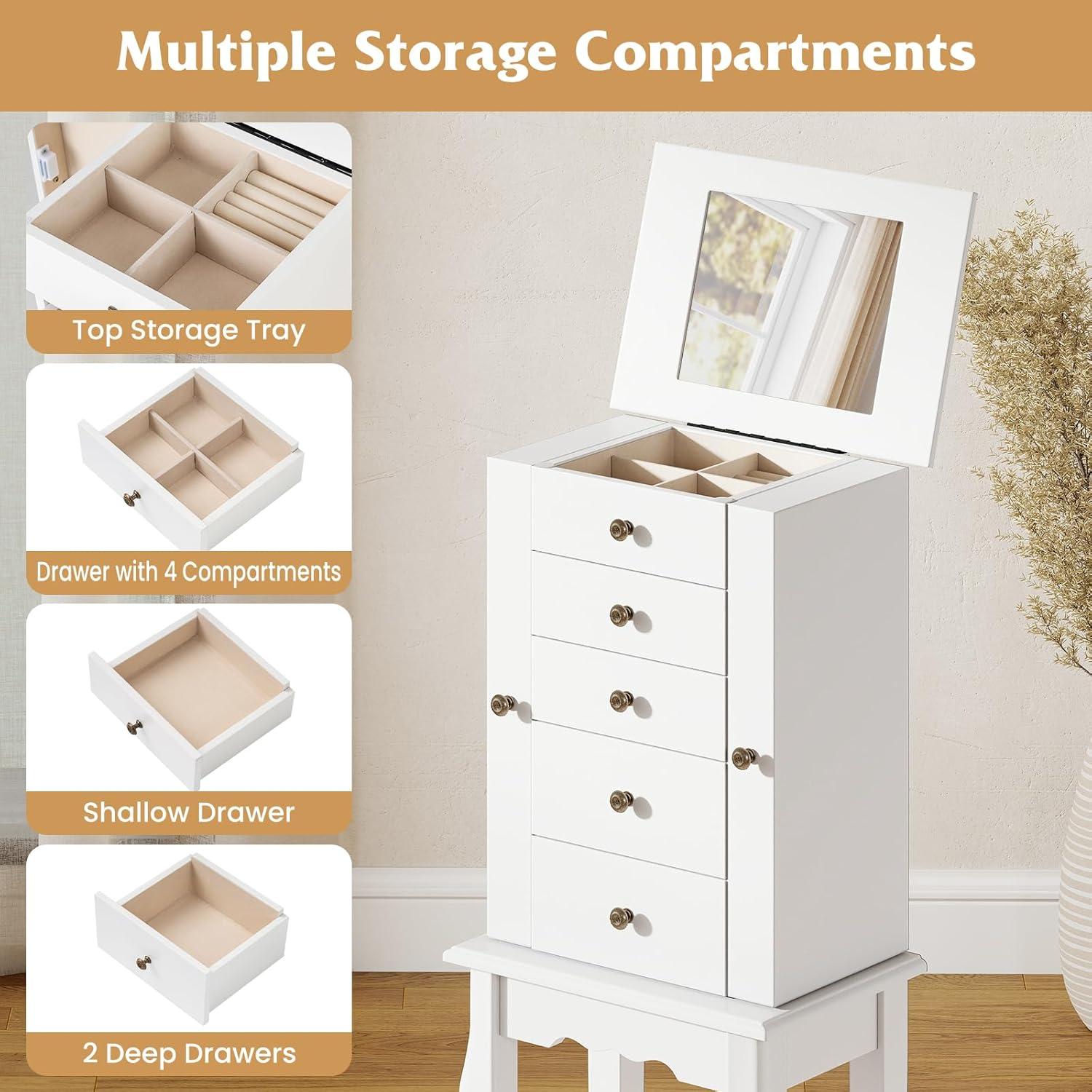 Standing Jewelry Cabinet Armoire with Top Flip Mirror, Jewelry Box Chest with 4 Drawers, Top Compartments, 8 Necklace Hooks and 2 Side Doors, White