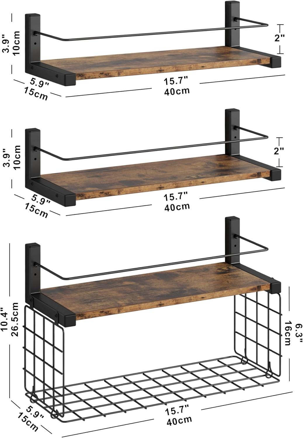 IRONCK Floating Shelves for Wall Storage, Bathroom Shelves with Protective Metal Guardrail and Wire Basket Towel Bar, for Bathroom, Kitchen, Bedroom, Living Room, Office,Vintage Brown