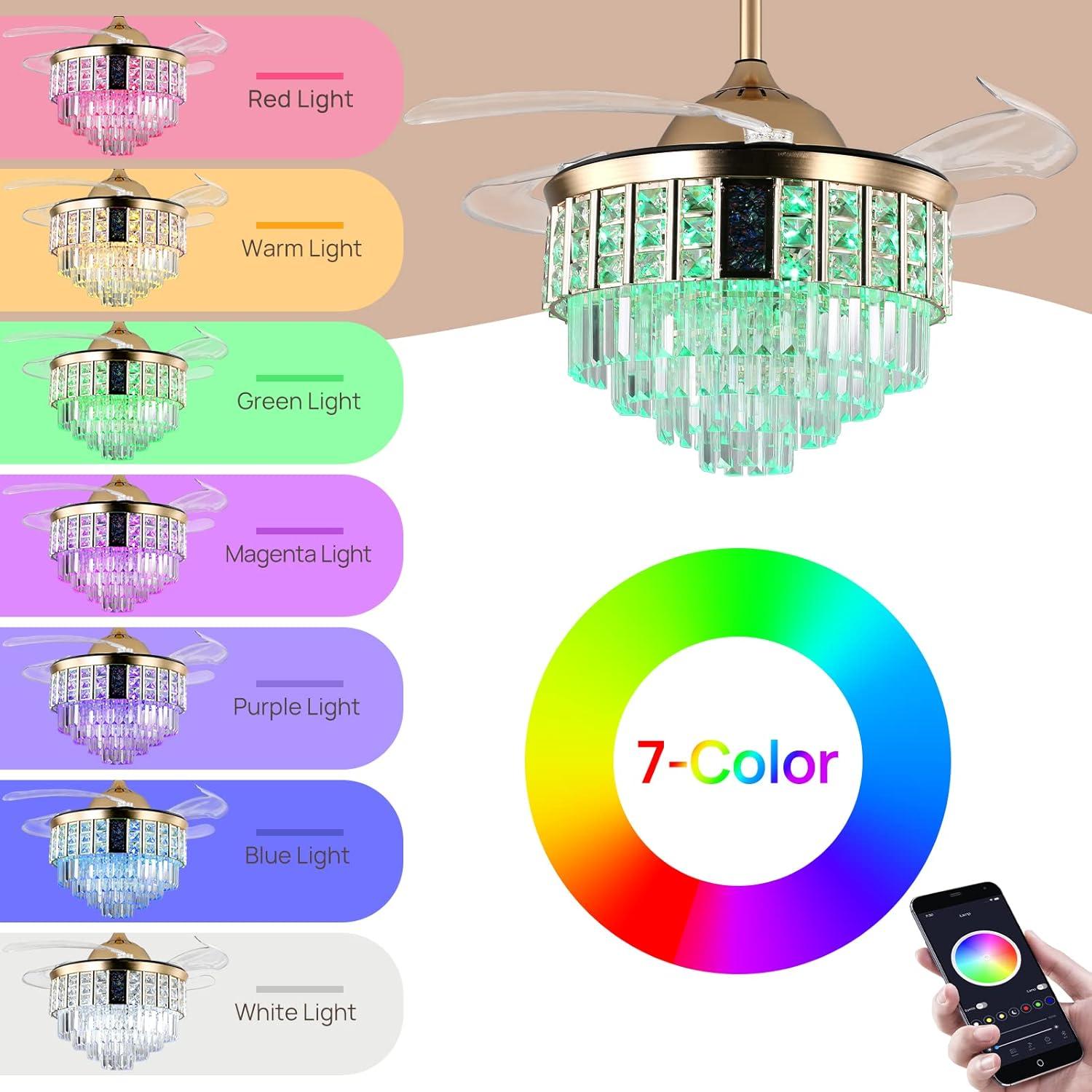 42 in. Integrated LED Indoor Gold Luxury Automatic Retractable Crystal Ceiling Fan with Remote