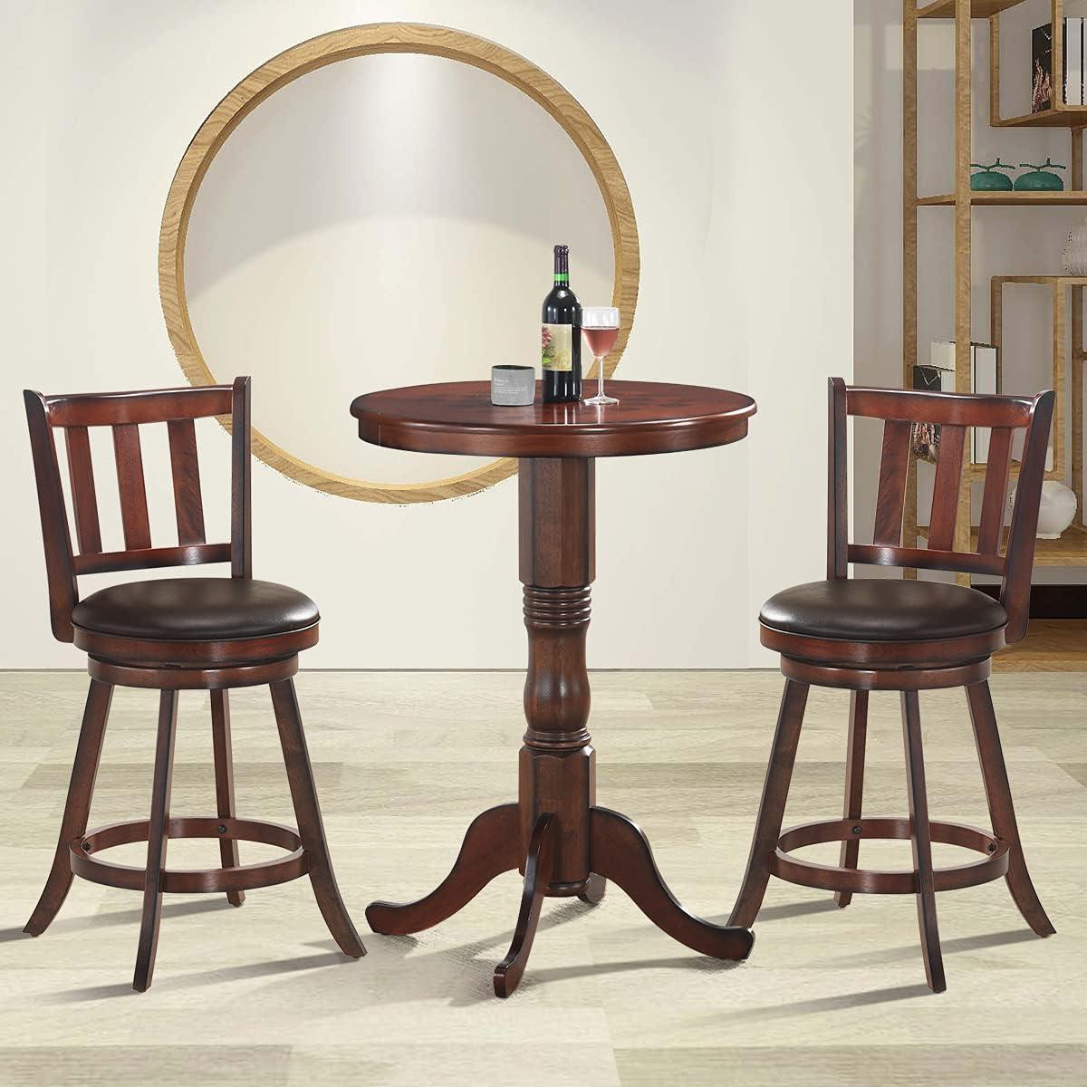 Brown Wood and Leather Swivel Bar Stools, 25'' Set of 2