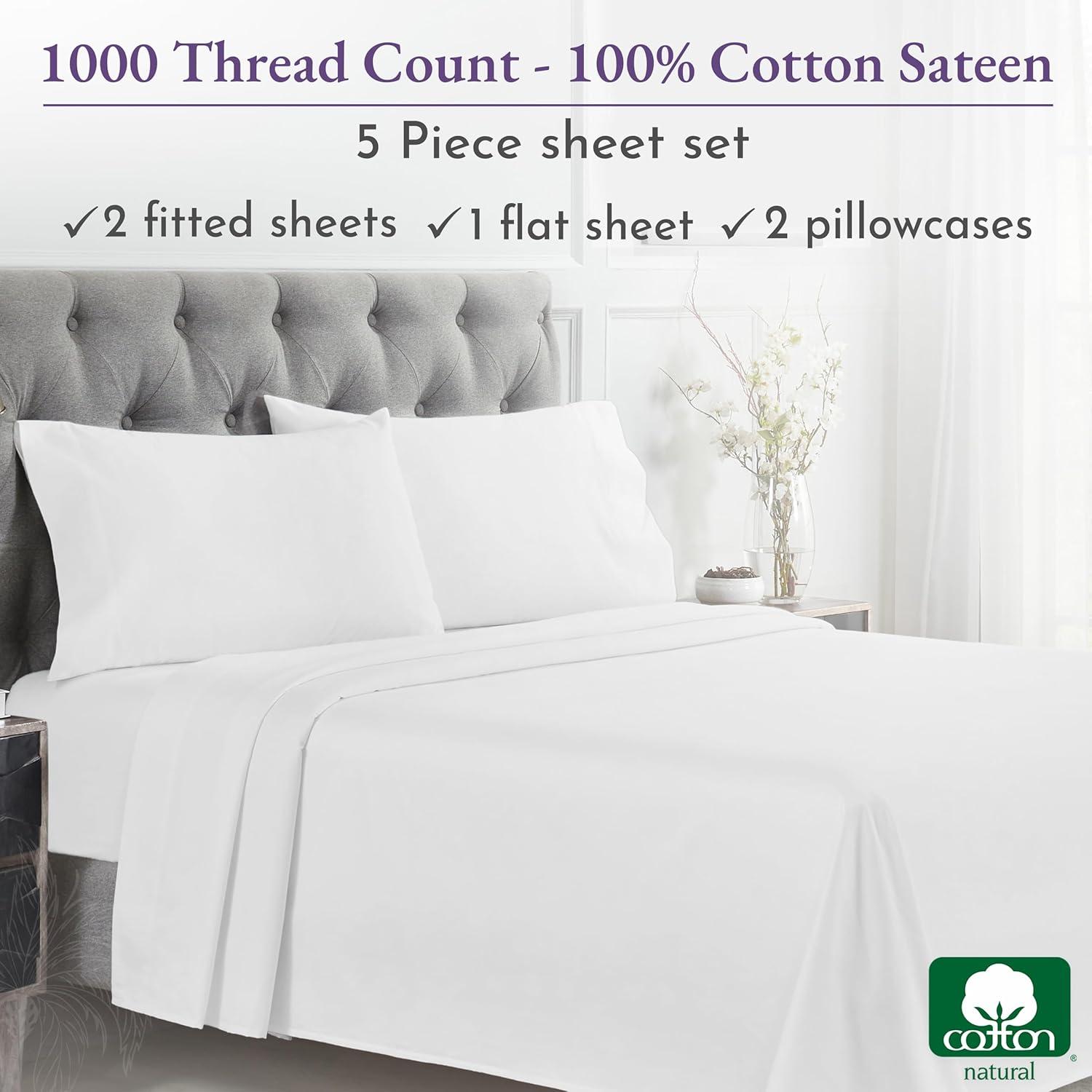 Luxury 1000 Thread Count Bed Sheets Set - 100% Cotton Sateen - Soft, Thick & Deep Pocket by California Design Den