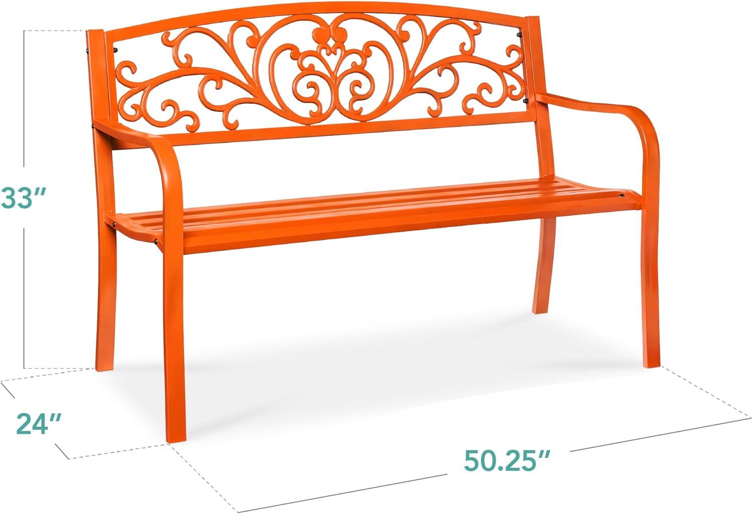 World Menagerie Outdoor Steel Bench with Floral Backrest & Slatted Seat, Marigold for Garden, Patio, Porch, Lawn, and Deck