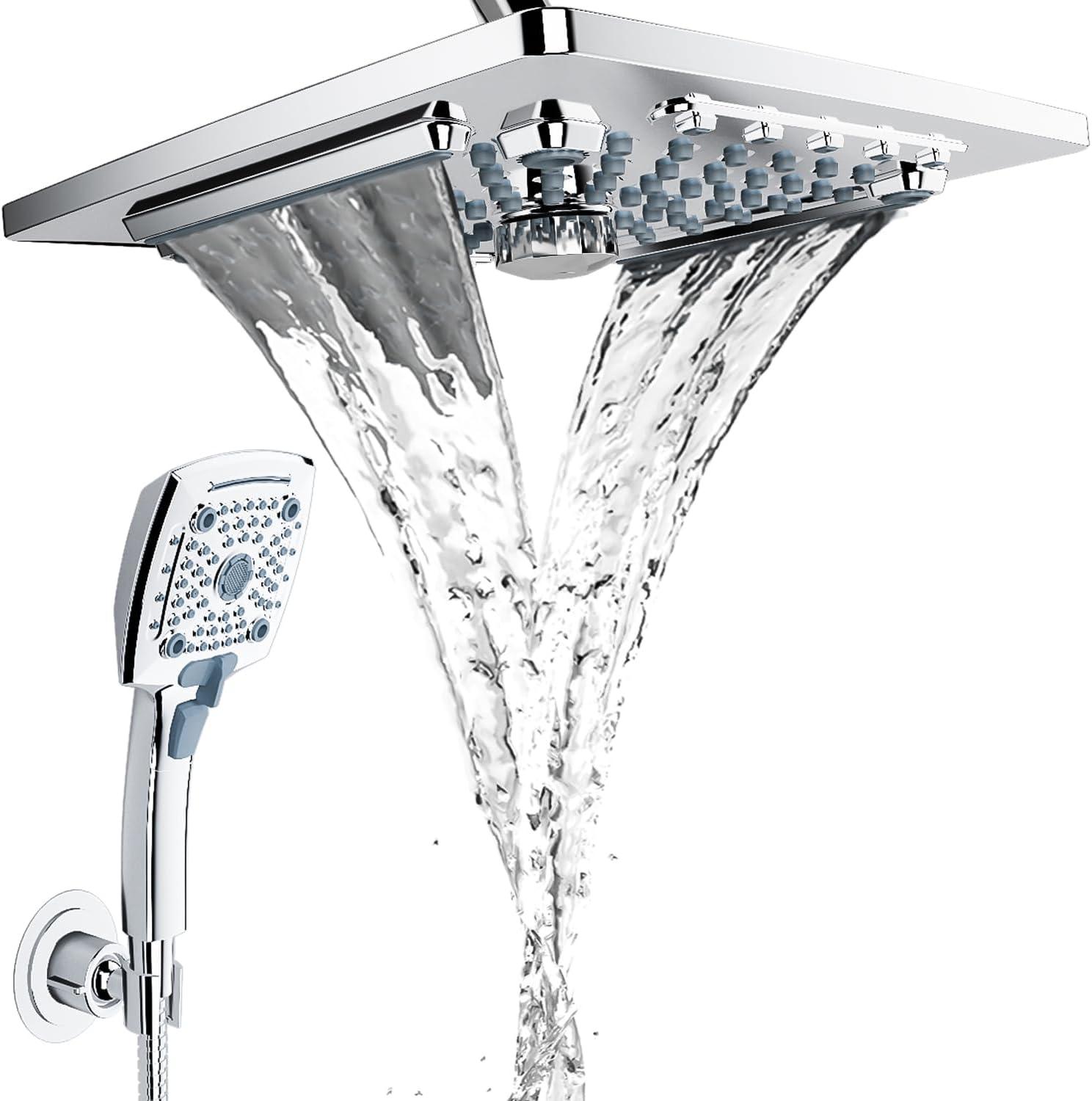 ELLO&ALLO Rain Shower Head with Handheld Spray, Rainfall Shower Head Combo with 60" Hose, Adjustable Dual Showerhead Set with 3-Way Diverter, Chrome