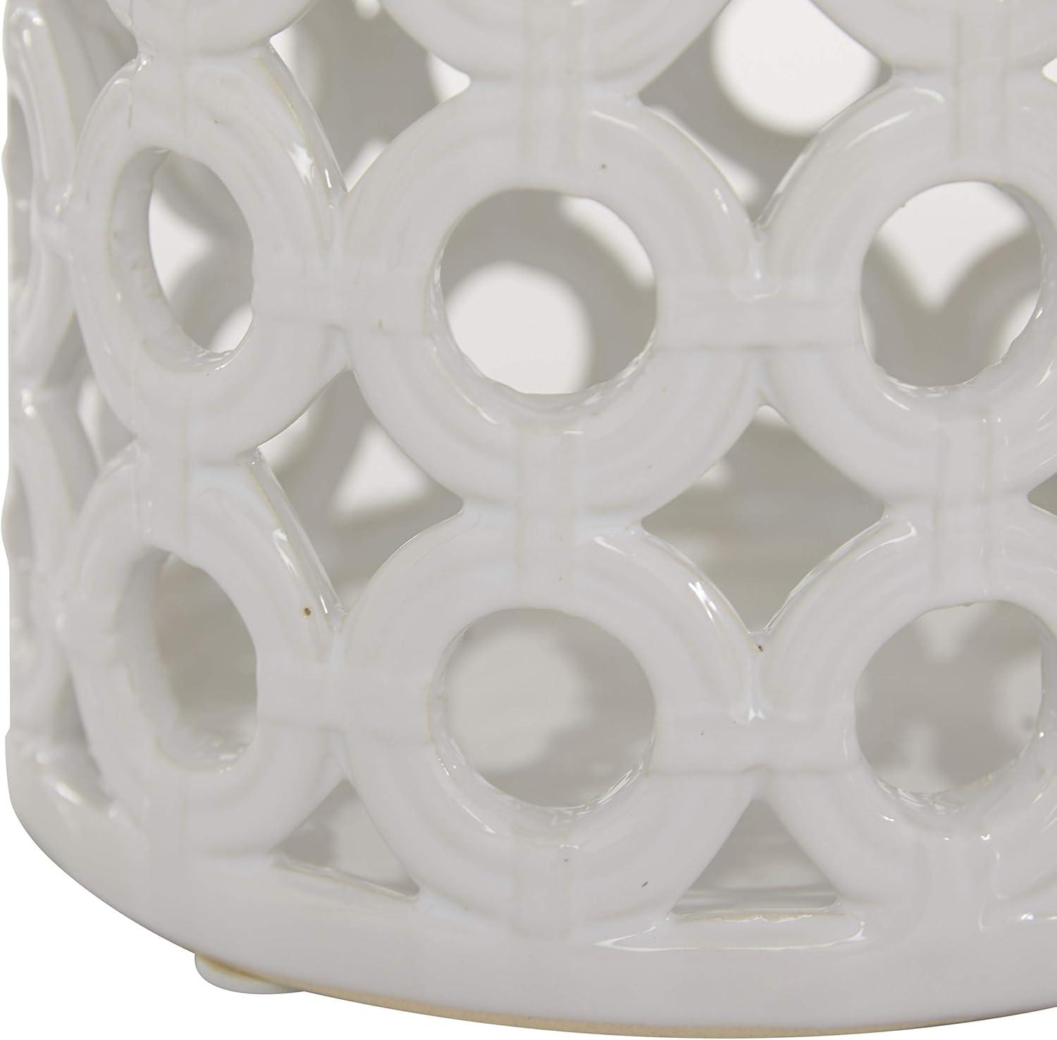 DecMode White Ceramic Circles Decorative Candle Lantern with Cut Out Design