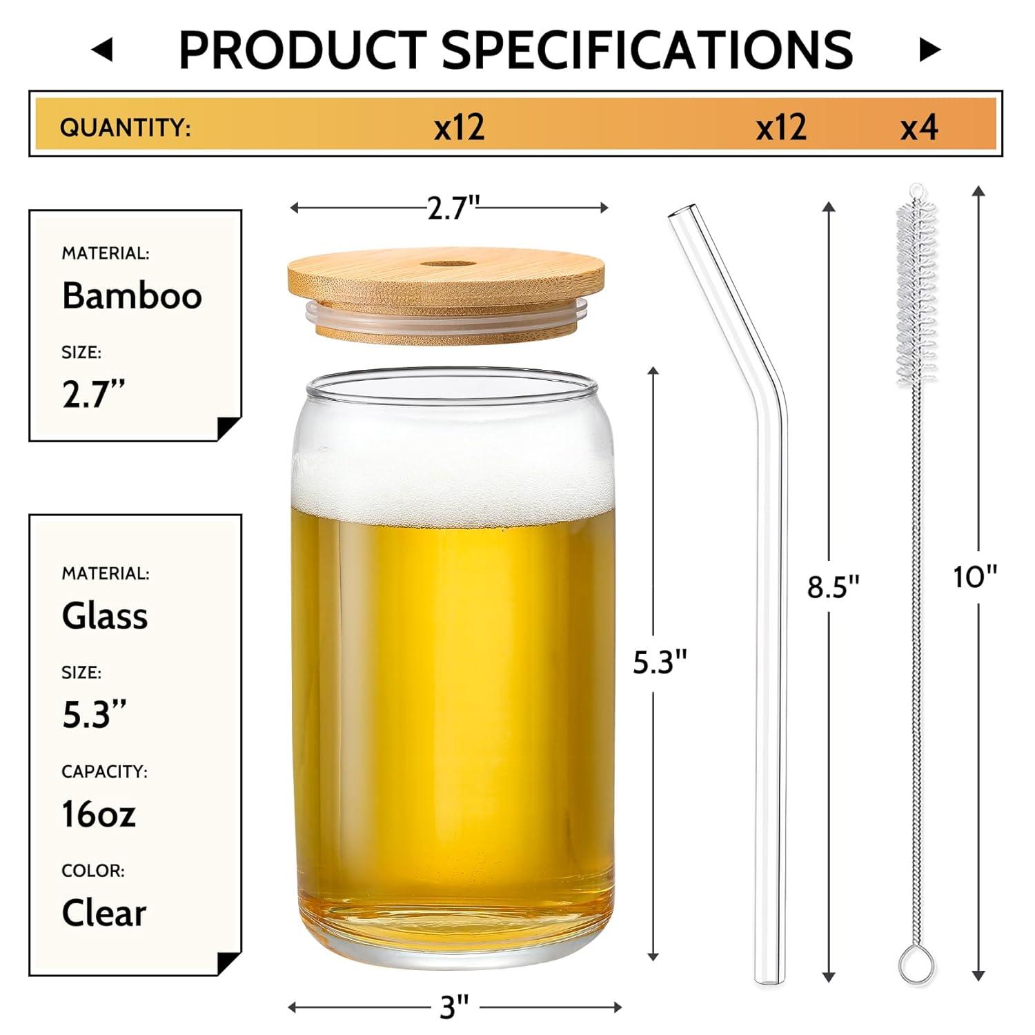 16 oz Beer Can Shaped Glass Cups with Bamboo Lids and Straws