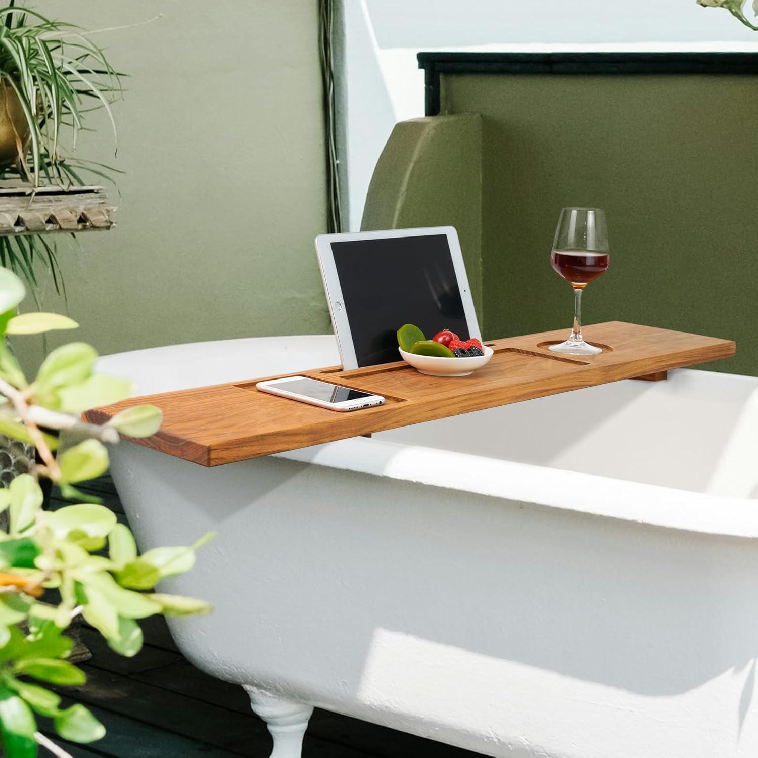 Rebrilliant Teak Bathtub Tray Table, Wooden Bath Board For Tub With Wine And Ipad Holder