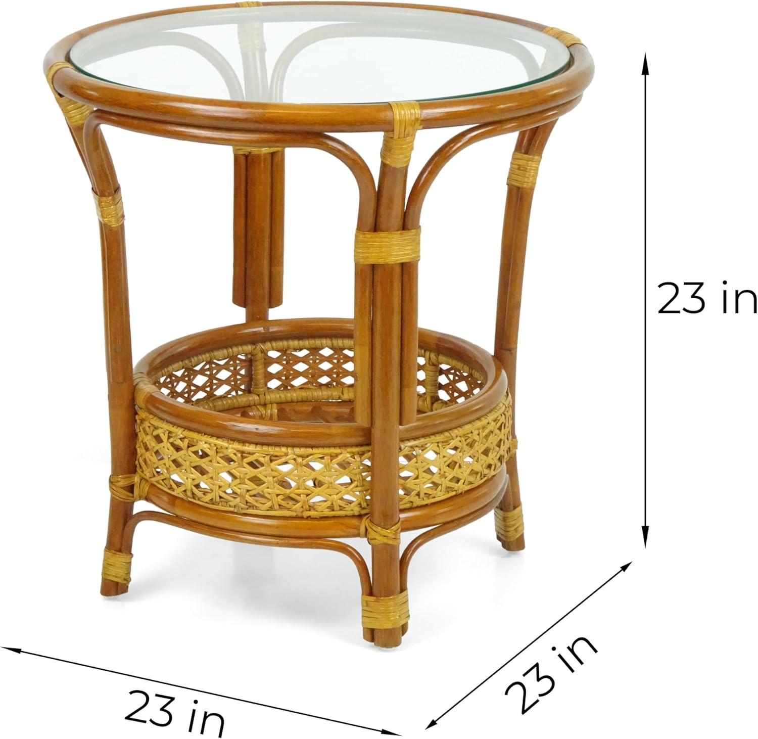 SK New Interiors Pelangi Coffee Round Table Natural Rattan Wicker with Glass Top Handmade, Colonial