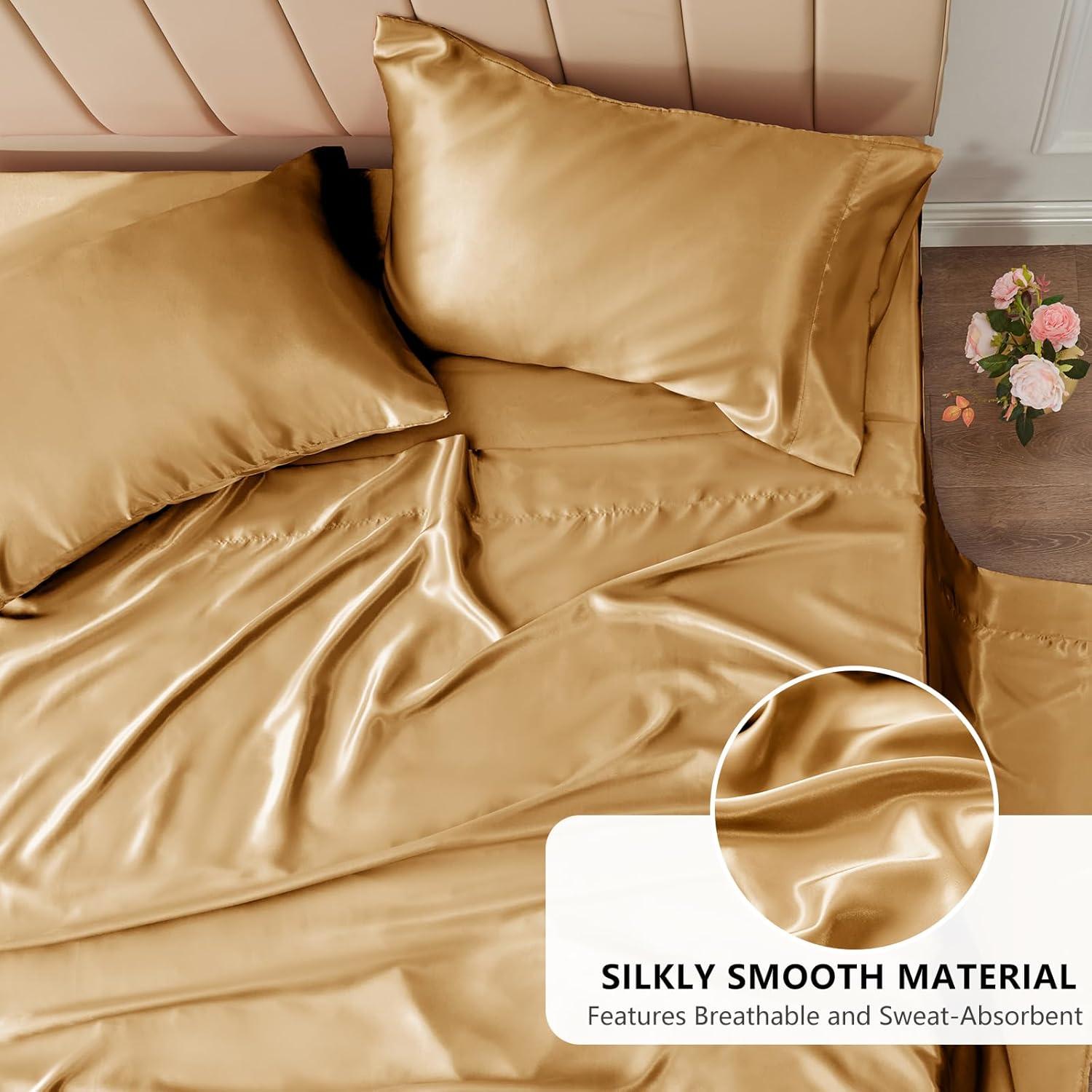 King Size Soft Gold Satin 4-Piece Deep Pocket Sheet Set