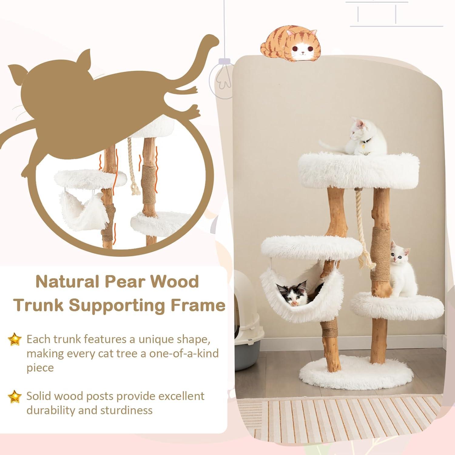 Tangkula 34" Tall Wooden Cat Tree Solid Wood Cat Tower with Jute Scratching Posts