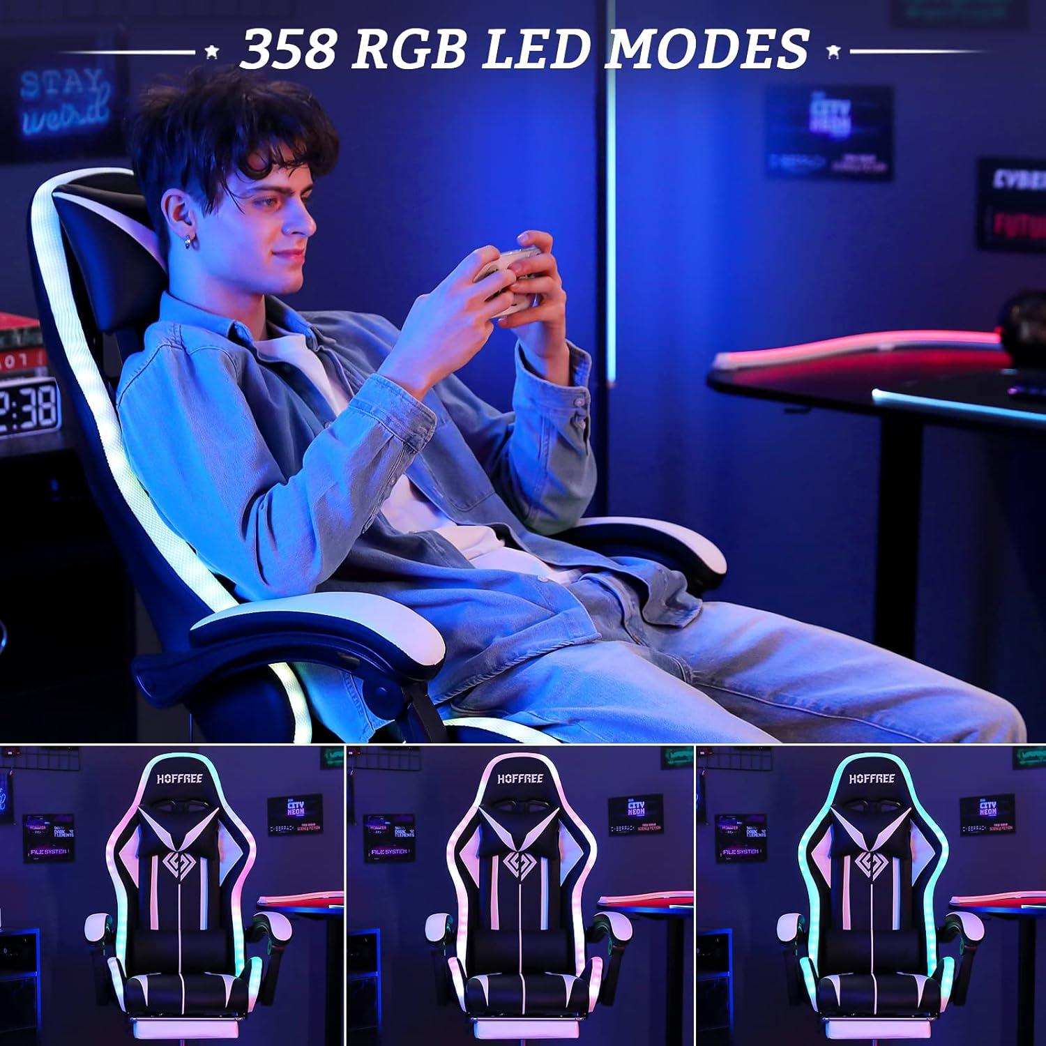 Gaming Chair with Bluetooth Speakers and RGB LED Lights Ergonomic Massage Computer Gaming Chair with Footrest Video Game Chair High Back with Lumbar Support White and Black
