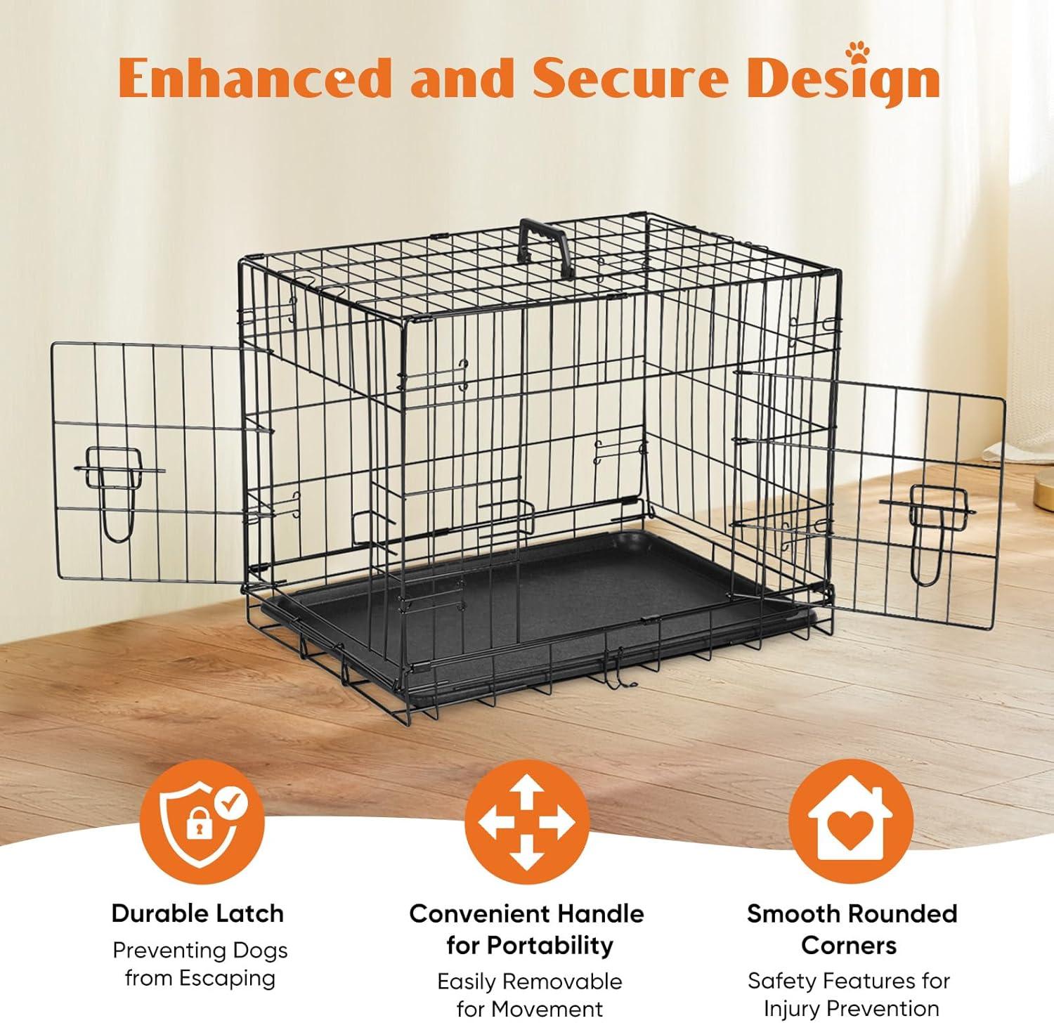 EDX Big Dog Crate with Divider Panel, 48 Inch Double Door Folding Metal Wire Dog Cage with Plastic Leak-Proof Pan Tray