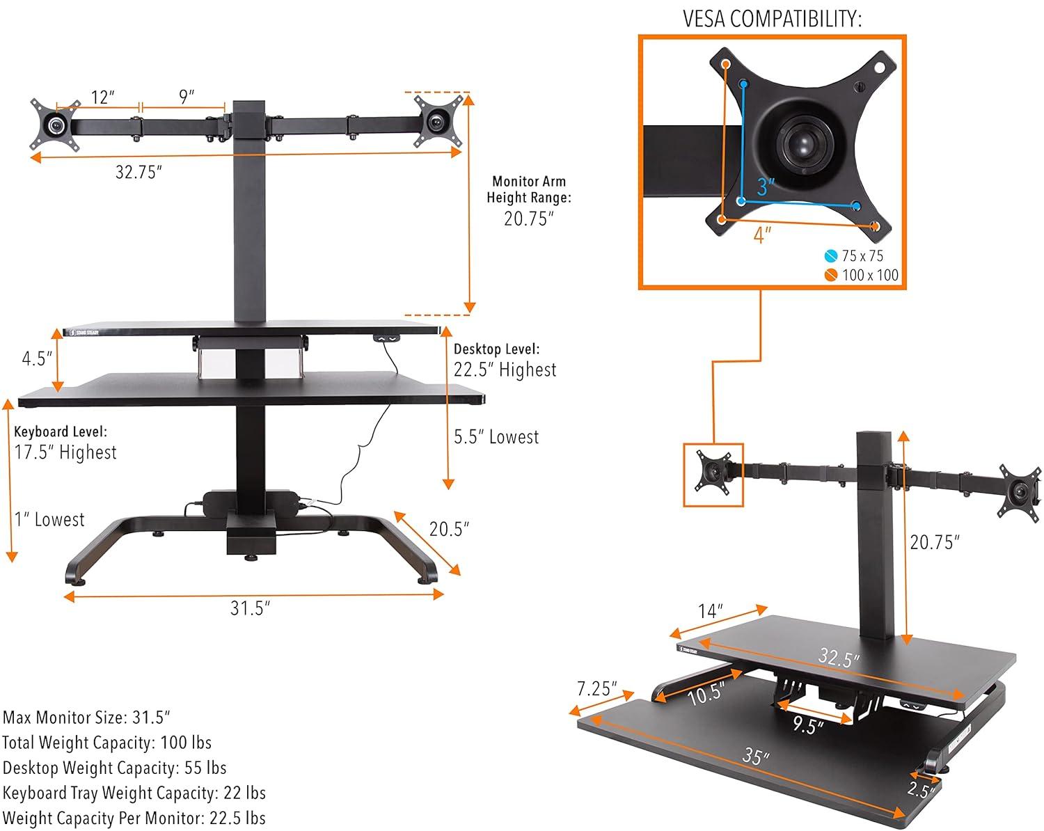 Techtonic Electric 3 Arm Monitor Mount Standing Desk - Sit to Stand Desk Converter with Keyboard Tray – Black – Stand Steady