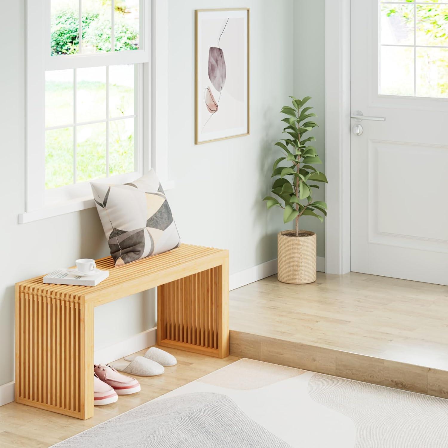 George Oliver Bamboo Dining Bench, 35 Inch Farmhouse Decor Indoor Kitchen Table Bench, Entryway Shoe Rack Bench, Outdoor Bench, Solid Bamboo Benches For Living Room, Hallway, Bedroom, Bathroom