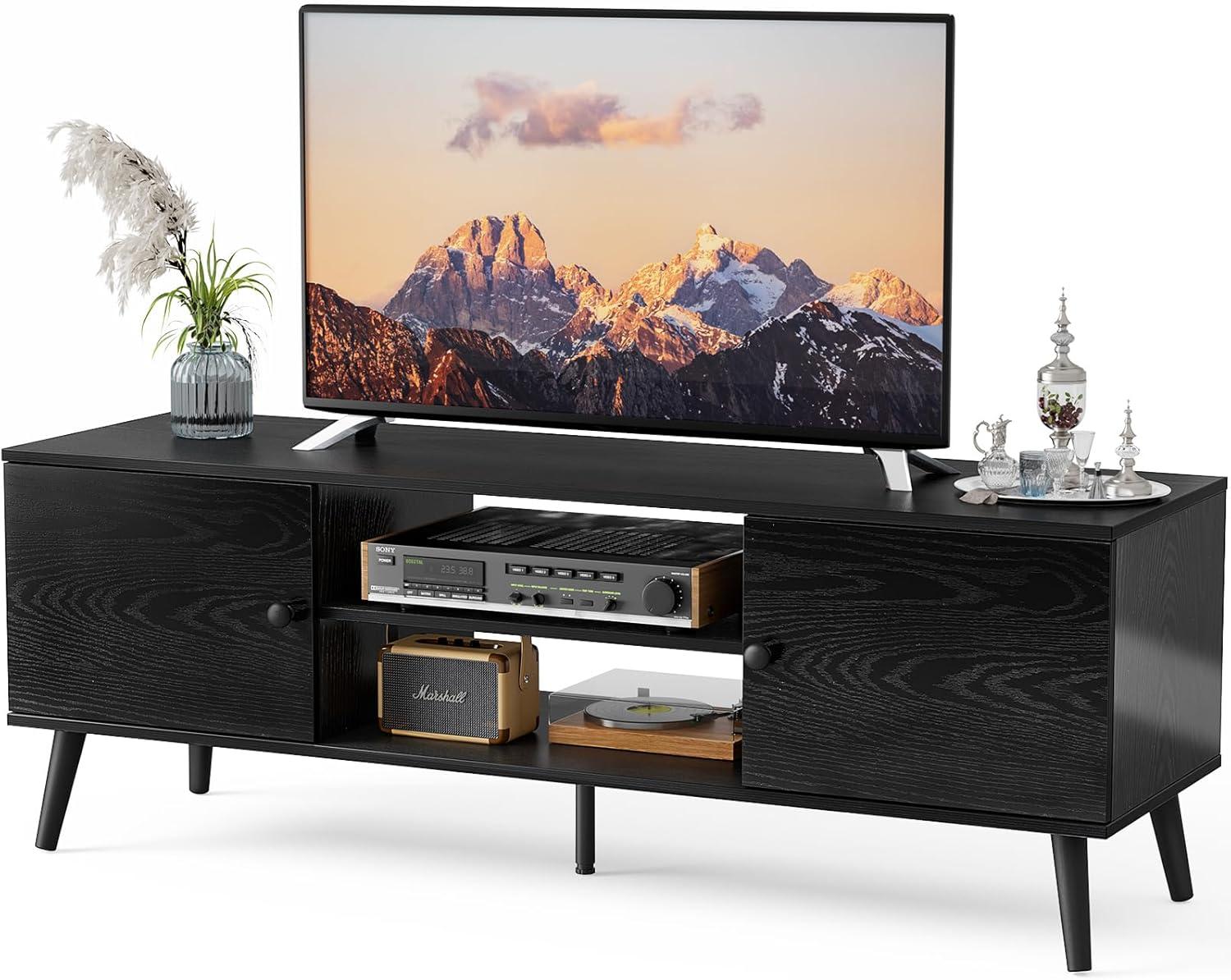 edx Modern TV Stand for 55-60 inch TV, Mid Century Entertainment Centre, Media Console Table with Storage for Living Room, Office, Black