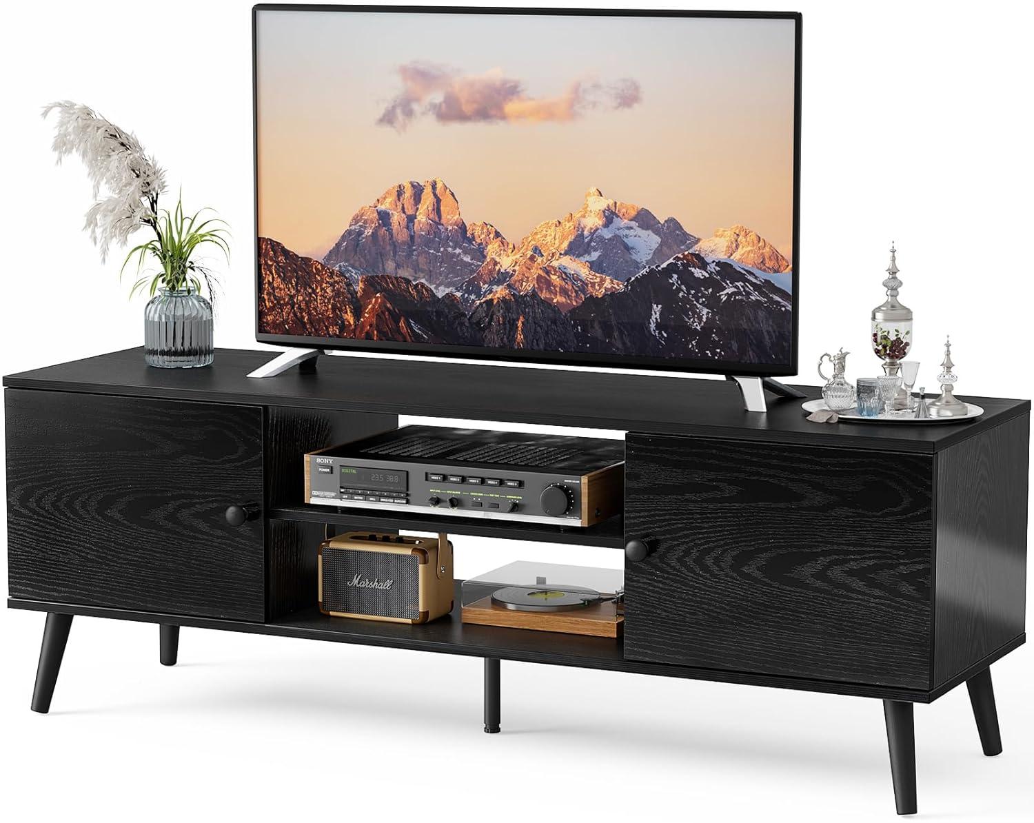 edx Modern TV Stand for 55-60 inch TV, Mid Century Entertainment Centre, Media Console Table with Storage for Living Room, Office, Black