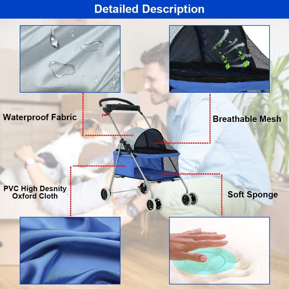 Blue Folding Waterproof Pet Stroller with Cup Holder