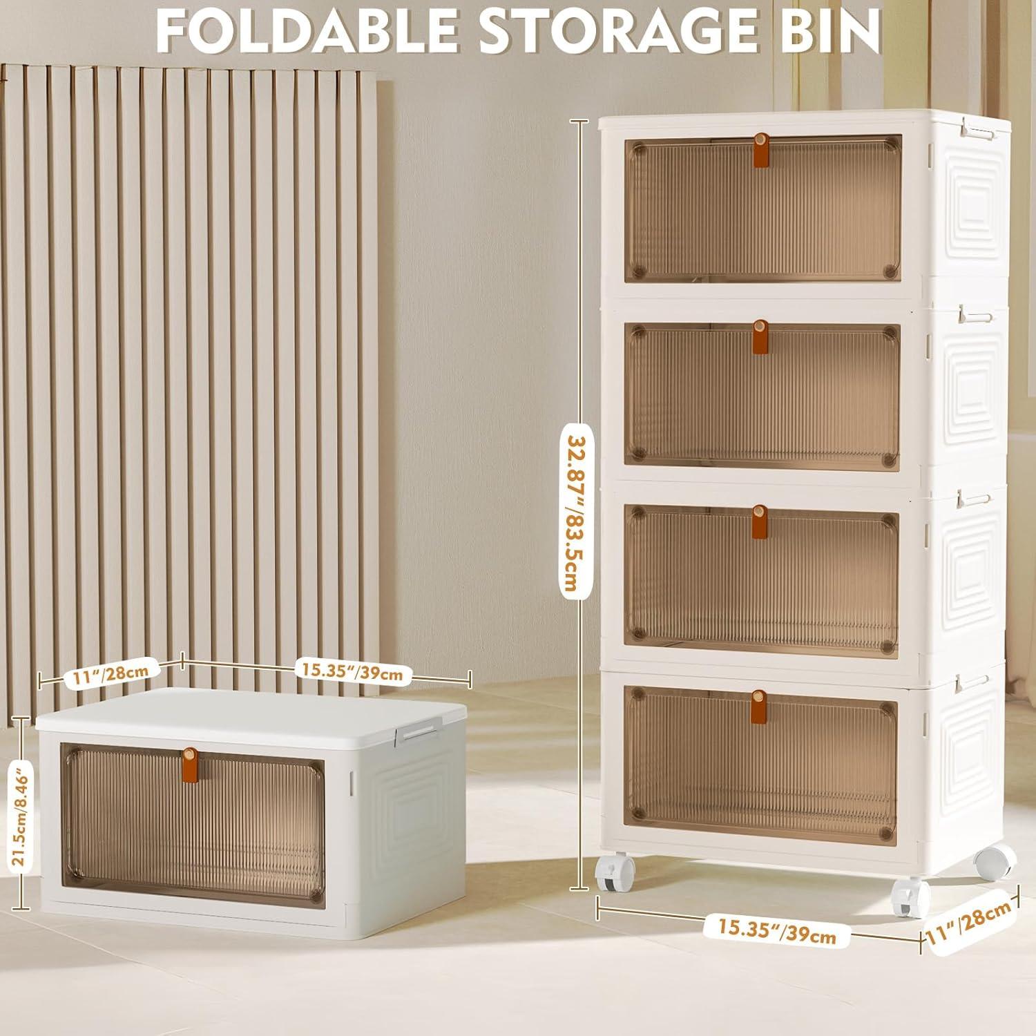 4 Tier Plastic Storage Bins with Lids 23QT, Stackable Storage Containers with Wheels, Folding Storage Boxes, Collapsible Storage Bins, Closet Organizers and Storage for Living Room,Office,Dorm