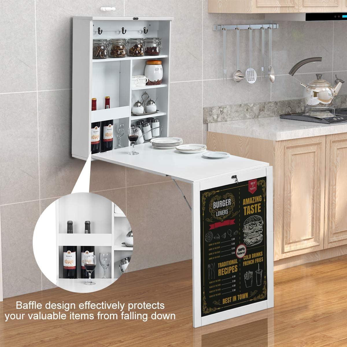 Folding Wall Desk, Wall Mounted Fold Out Table with Storage Shelves & Hooks, Hideaway Desk with Chalkboard, Floating Corner Desk for Small Spaces (White)