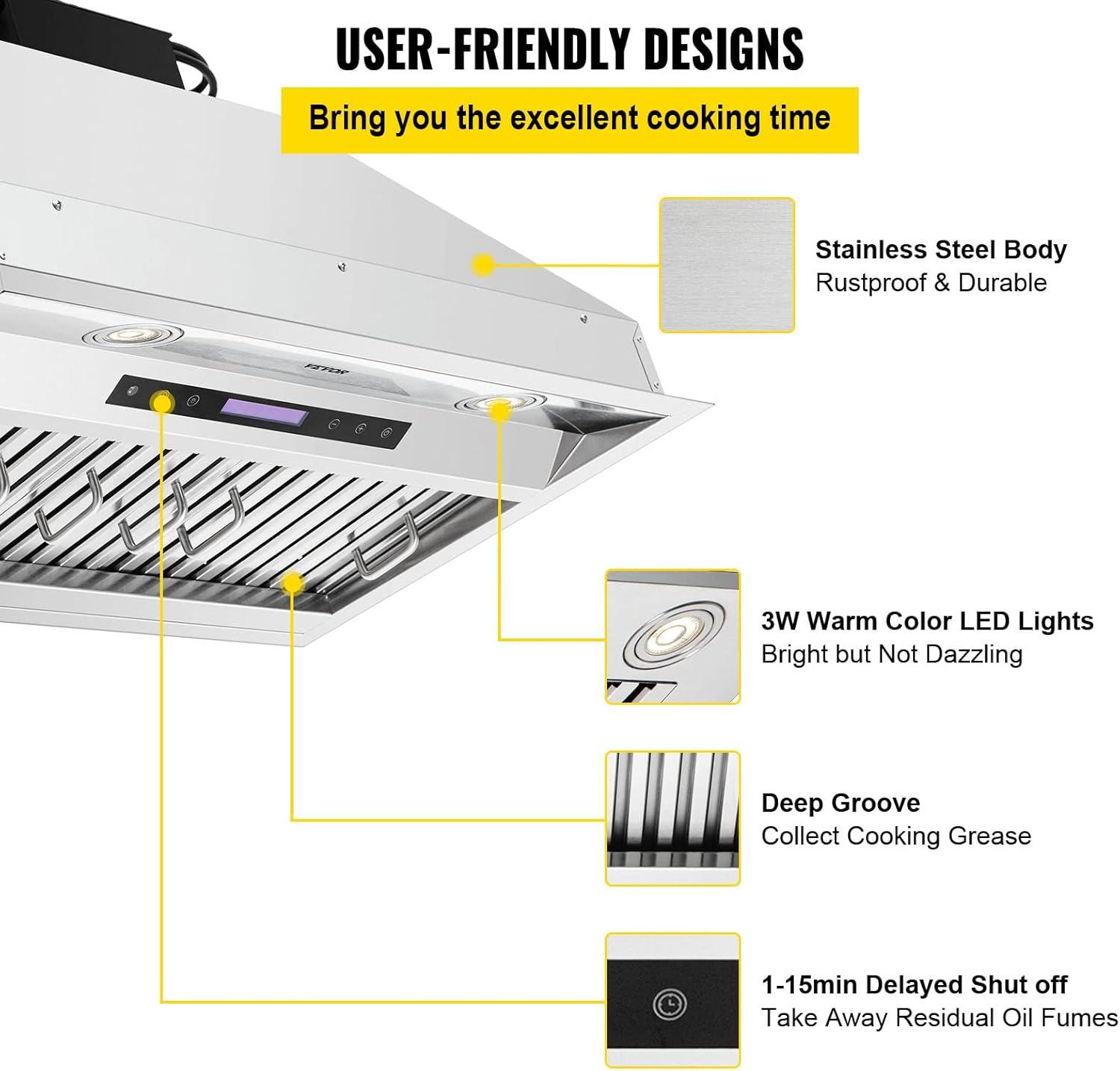 VEVOR 900-CFM 4-Speed 30-inch Ducted Insert Range Hood with Charcoal Filter and Light Included