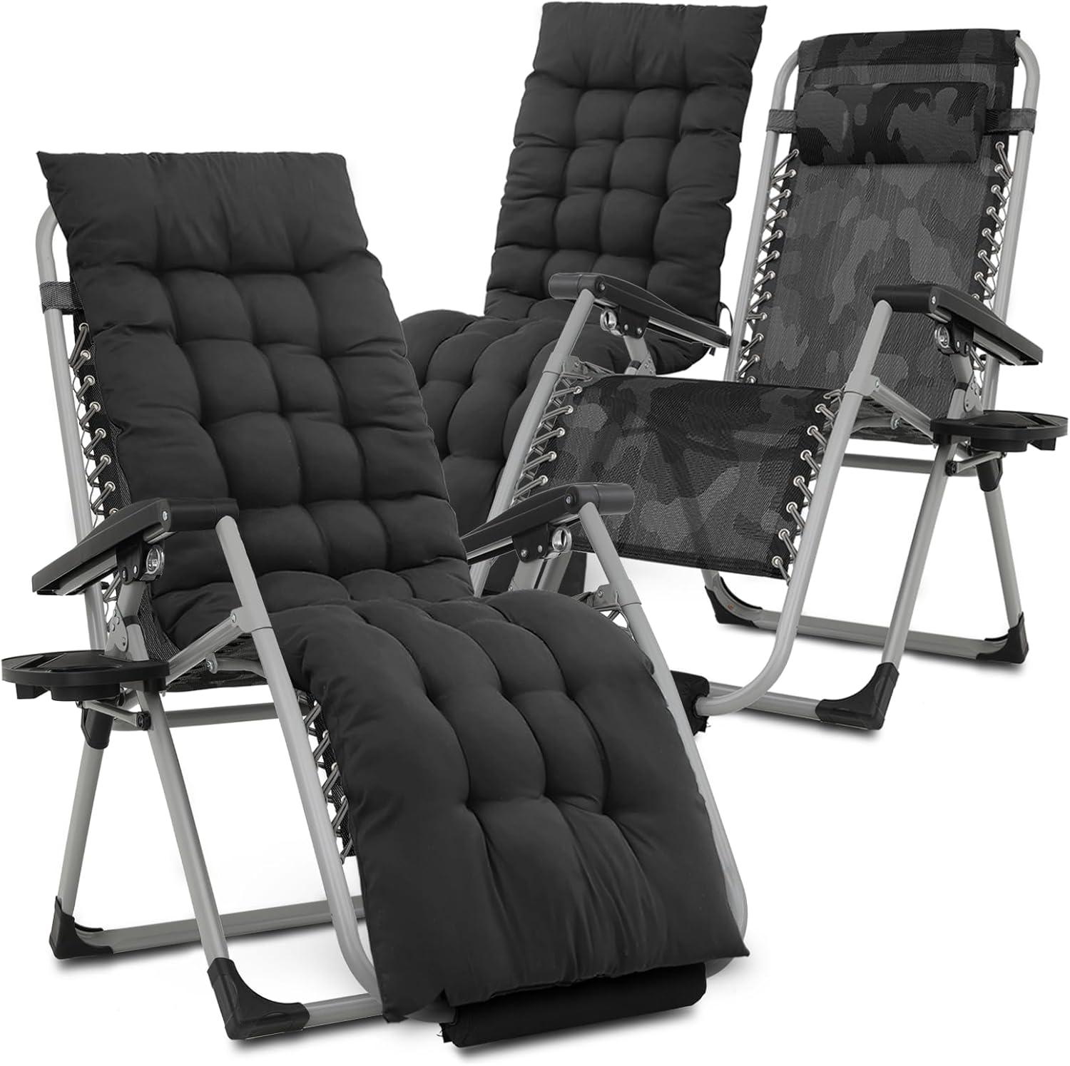 MoNiBloom Reinforced Zero Gravity Chair Set of 2, Folding Pool Beach Lounger, Chaise with Cushion, Headrest and Foot Pads, Camouflage w/Black Pad