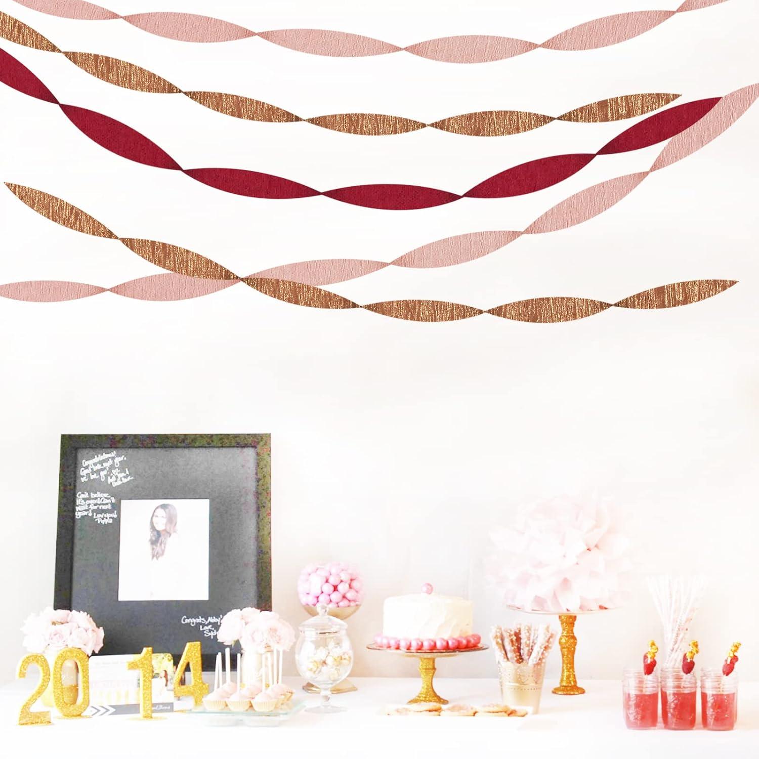 Rose-Gold Pink Burgundy-Red Party-Decorations Streamers - 9 Rolls Valentines Mothers Day Crepe Paper Streamer Garland Birthday Bachelorette Bridal Shower Engagement Wedding Brunch Decoration Panduola