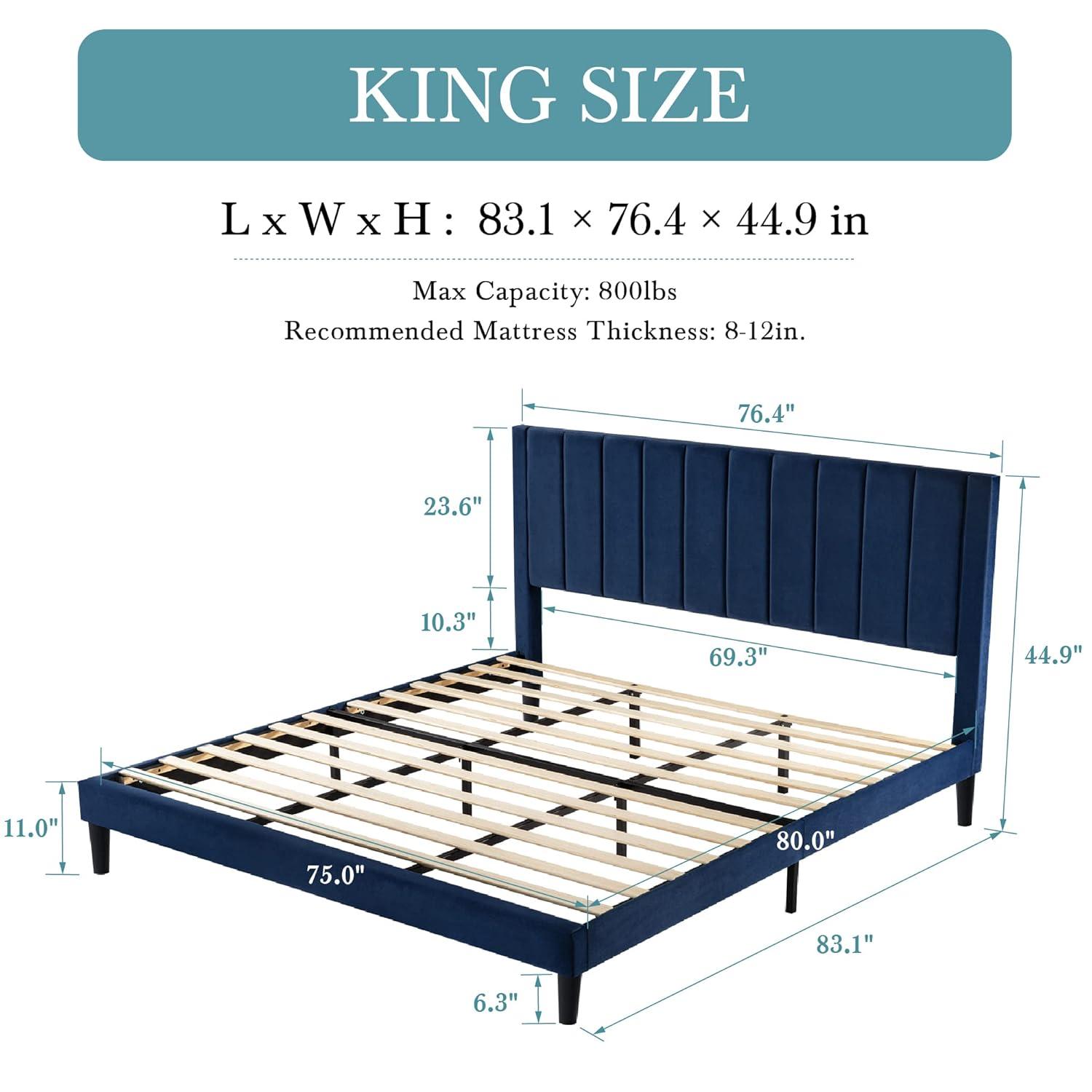 BizChair King Upholstered Platform Bed with Vertical Stitched Wingback Headboard, Slatted Mattress Foundation, No Box Spring Needed, Navy Velvet
