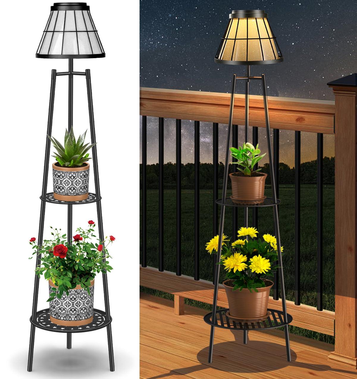 2 Pack 45.5'' Outdoor Floor Lamps with 2 Tier Plant Stand, Solar Powered Metal Waterproof Lights for Patio Deck Yard Garden Porch Decor