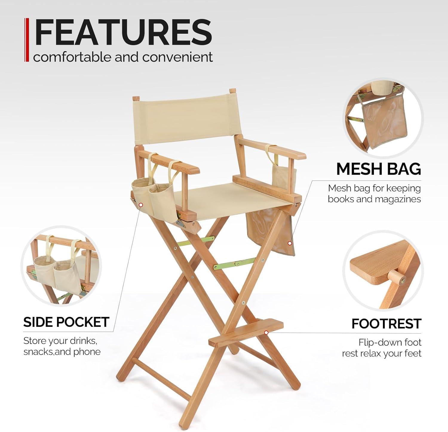 OmySalon Professional Folding Makeup Artist Chair - 31" Tall Heavy Duty Director Chair for Studio & On-The-Go Use | 250lbs Capacity, Apricot Canvas with Storage Bags, Footrest & Solid Hardwood Frame