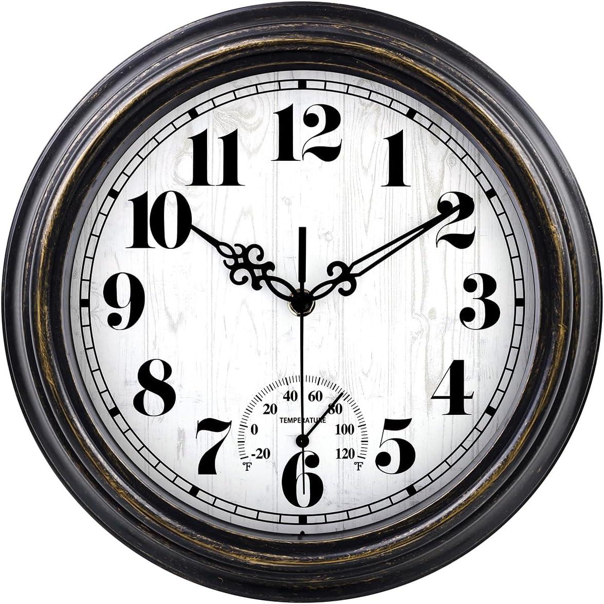 12 Inch Retro Silent Wall Clock,Indoor and Outdoor,Waterproof,Thermometer,Black