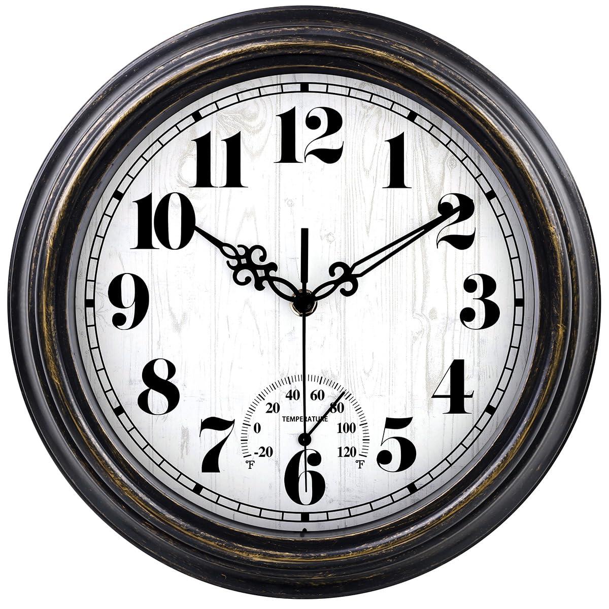 12 Inch Retro Silent Wall Clock,Indoor and Outdoor,Waterproof,Thermometer,Black