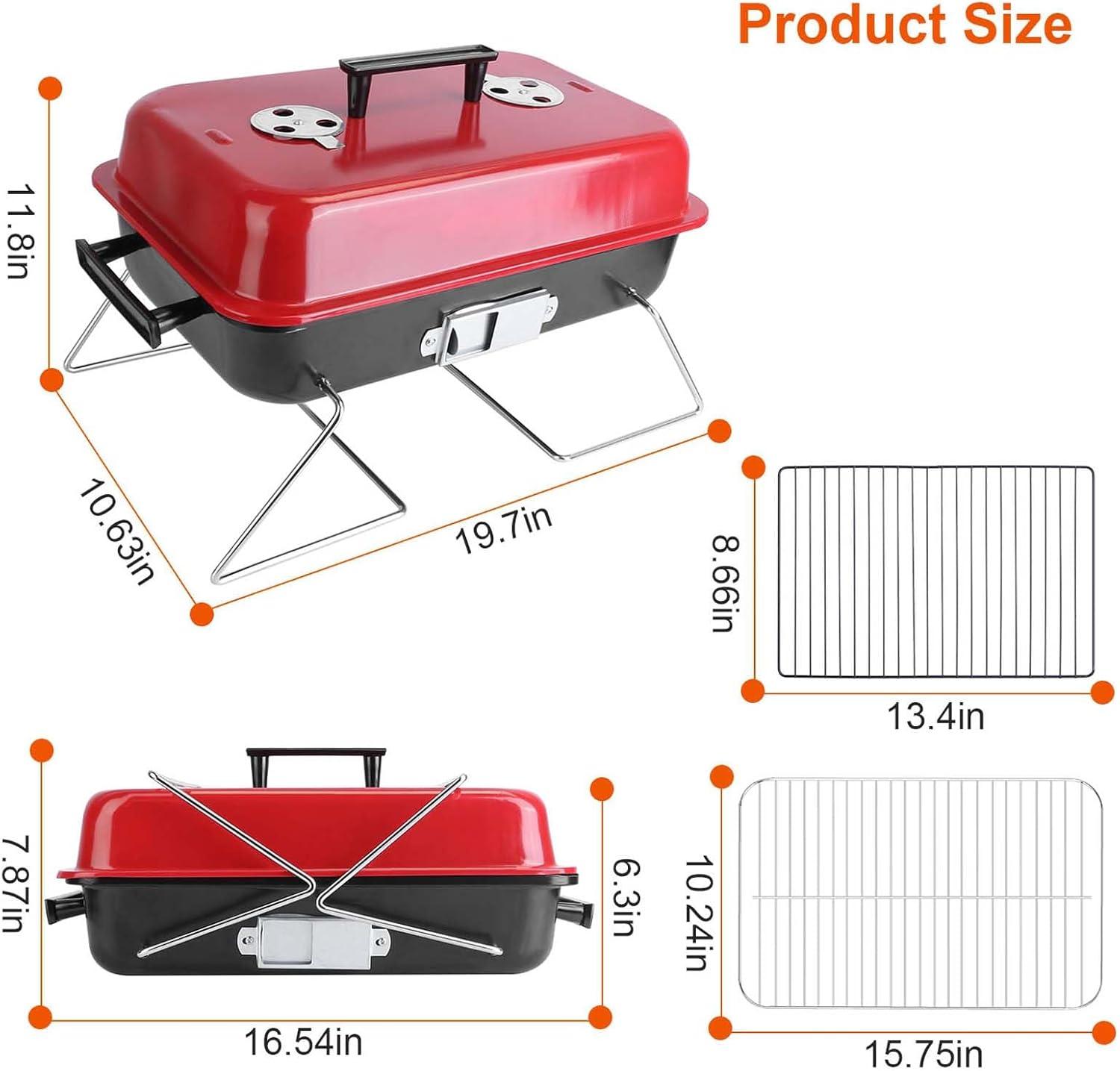 Portable Red and Black Charcoal Grill with Lid for Camping