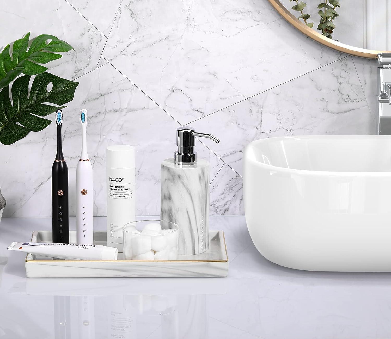 Luxspire Bathroom Vanity Tray, 11" Marble Ceramic Bathroom Trays for Counter, Gold and White Tray for Dresser, Kitchen Counter Tray, Perfume Tray, Bathroom Accessories, Medium, Marble White
