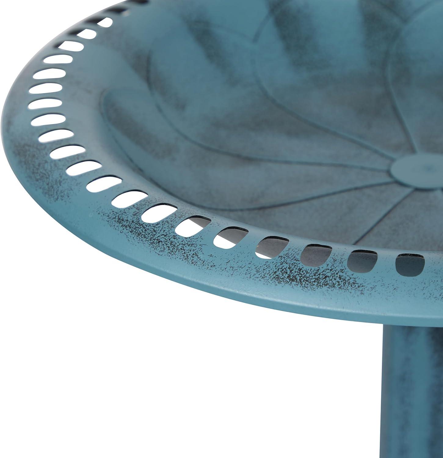 Blue Pedestal Birdbath with Scrollwork Base and Stakes