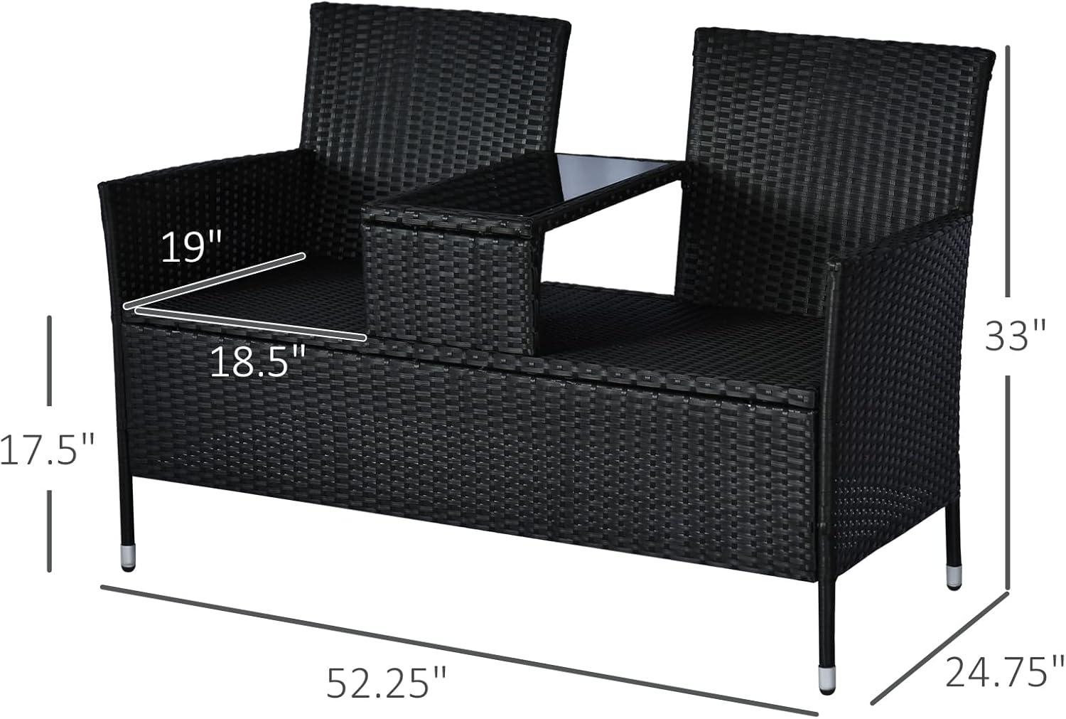 Black PE Rattan 2-Seater Loveseat with Cushions and Glass Table