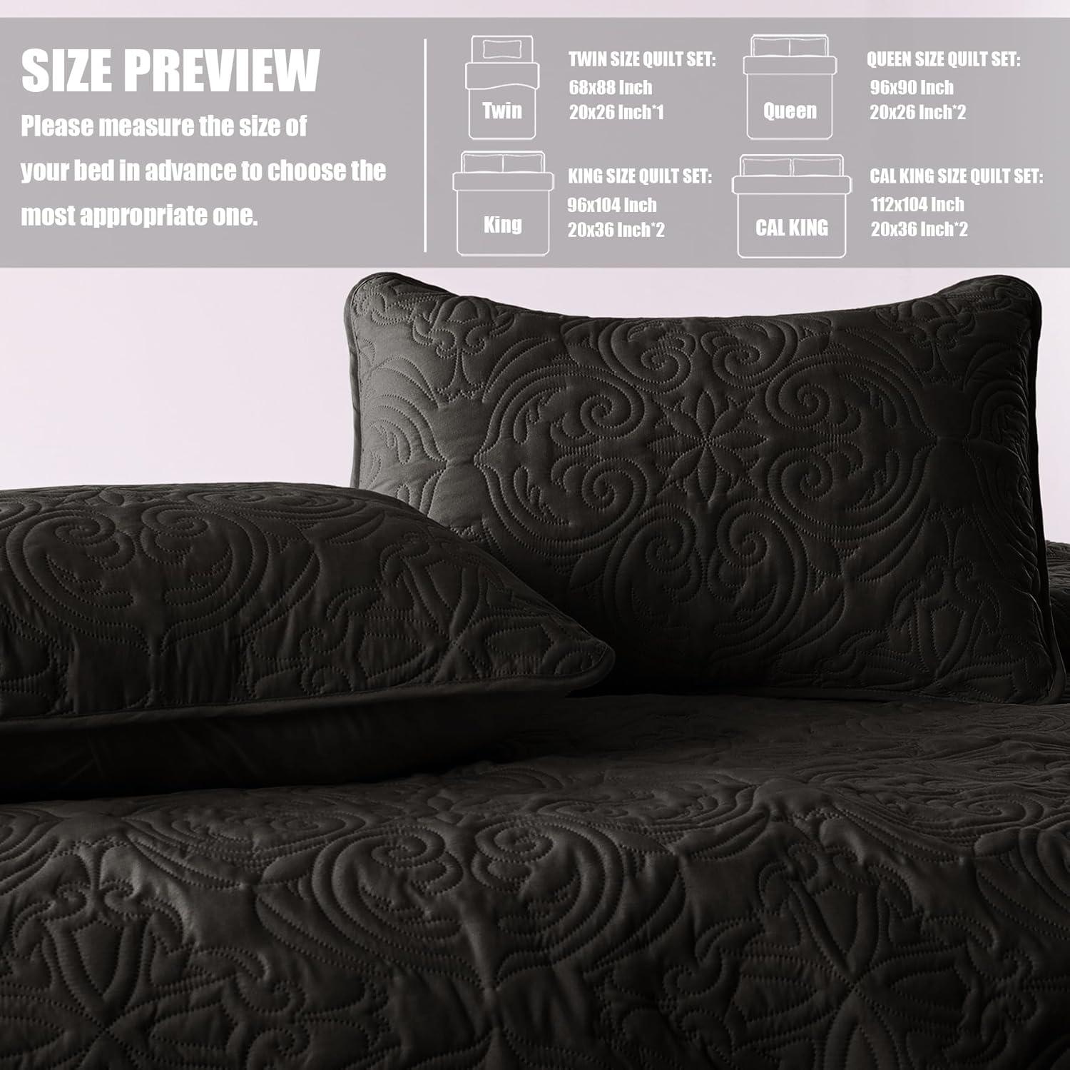 Exclusivo Mezcla Queen Quilt Bedding Set, Lightweight Vintage Queen Size Quilts with Pillow Shams, Soft Bedspreads Coverlets for All Seasons (96"x90", Black)