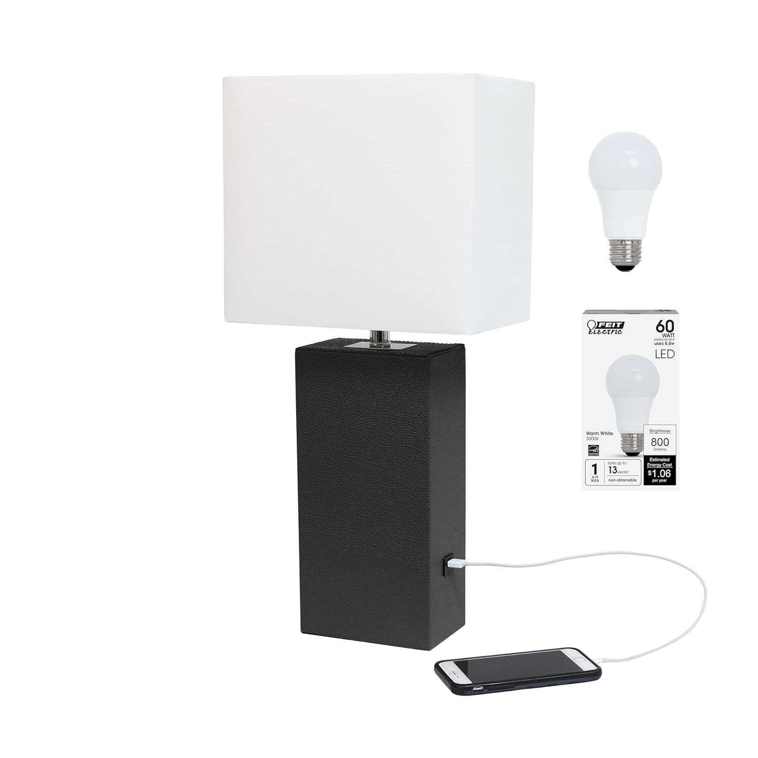 Elegant Designs 21" Modern Leather Wrapped Table Lamp with USB Port and Feit LED (Includes LED Light Bulb) Black