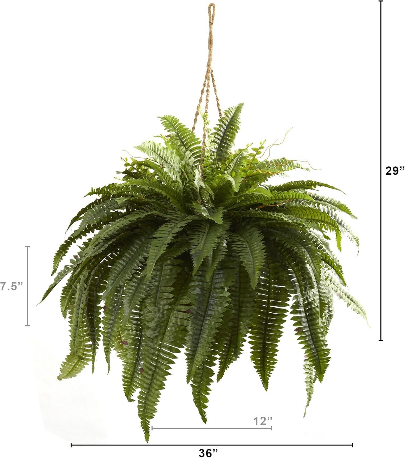 36" x 29" Artificial Boston Fern Hanging Basket - Nearly Natural: Indoor/Outdoor Decor, Porch Accent