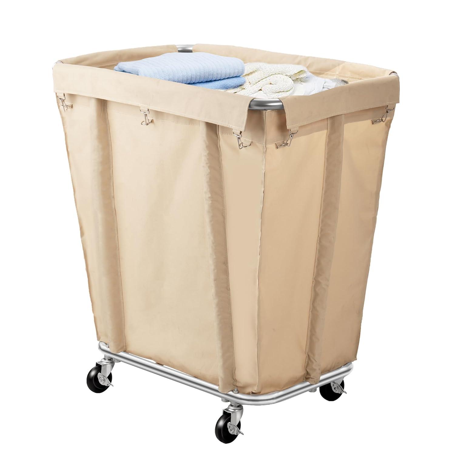Rengue Commercial Laundry Cart with Wheels, 320L Capacity Laundry Sorter Rolling Laundry Hamper with Waterproof Oxford Basket and Sturdy Steel Frame, 260 lbs Load, Beige